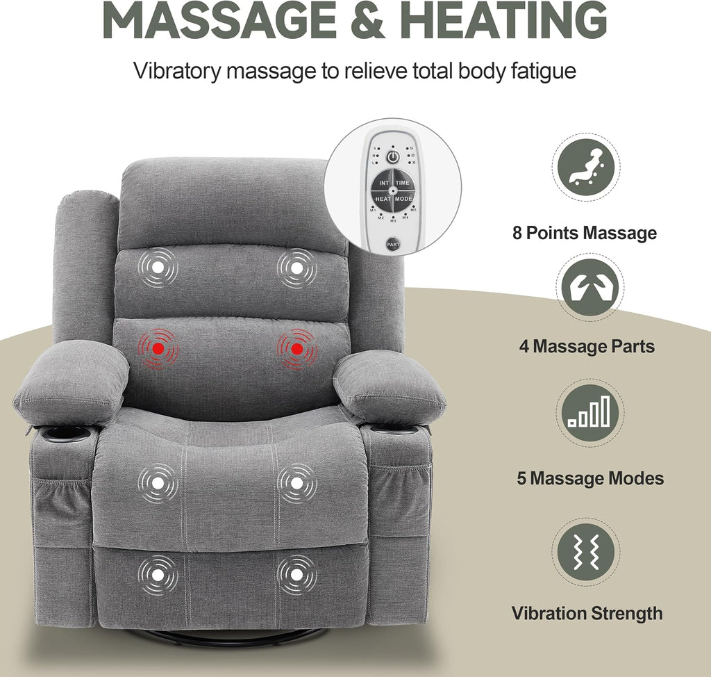 Rocker Recliner Chair with Heat and Massage, 360° Swivel Nursery Rocking Chairs for Adults, Oversized Recliner Single Sofa Seat with Cup Holders, Lazy Boy Recliner Single Sofa (Manual, Grey)