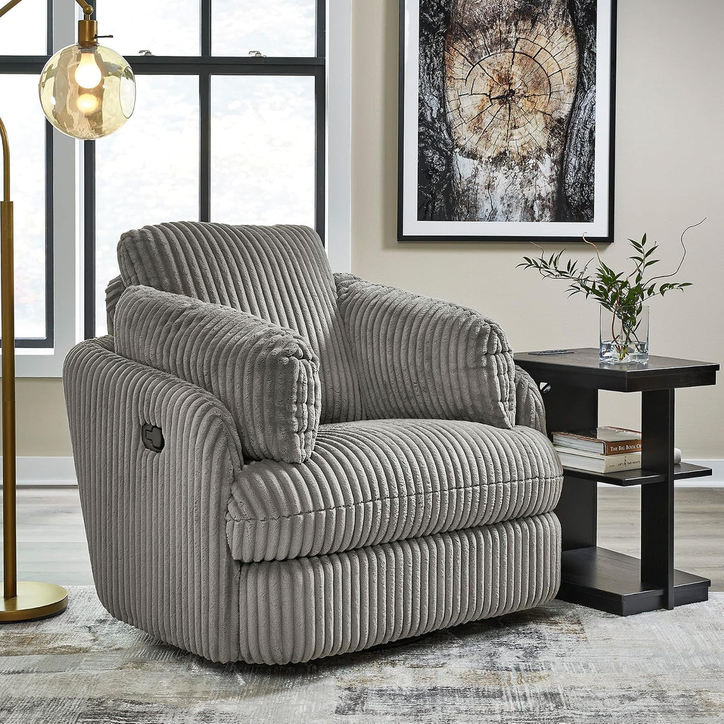 Signature Design by Ashley Tie-Breaker Swivel Glider Recliner, 2 Bolster Pillows, Hidden Storage, Fabric Upholstery, 41.38' W x 40.25' D x 39.75' H, Light Gray