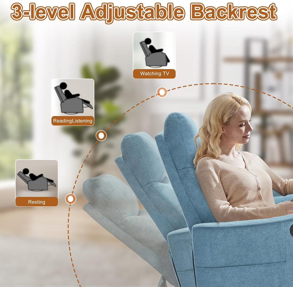Massage Rocker Swivel Recliner Chair for Adults, Manual Recliner Glider with Lumbar Heating, Technical Flannel Fabric Nursery Glider Rocking Chair with Vibration Massage for Living Room - Blue