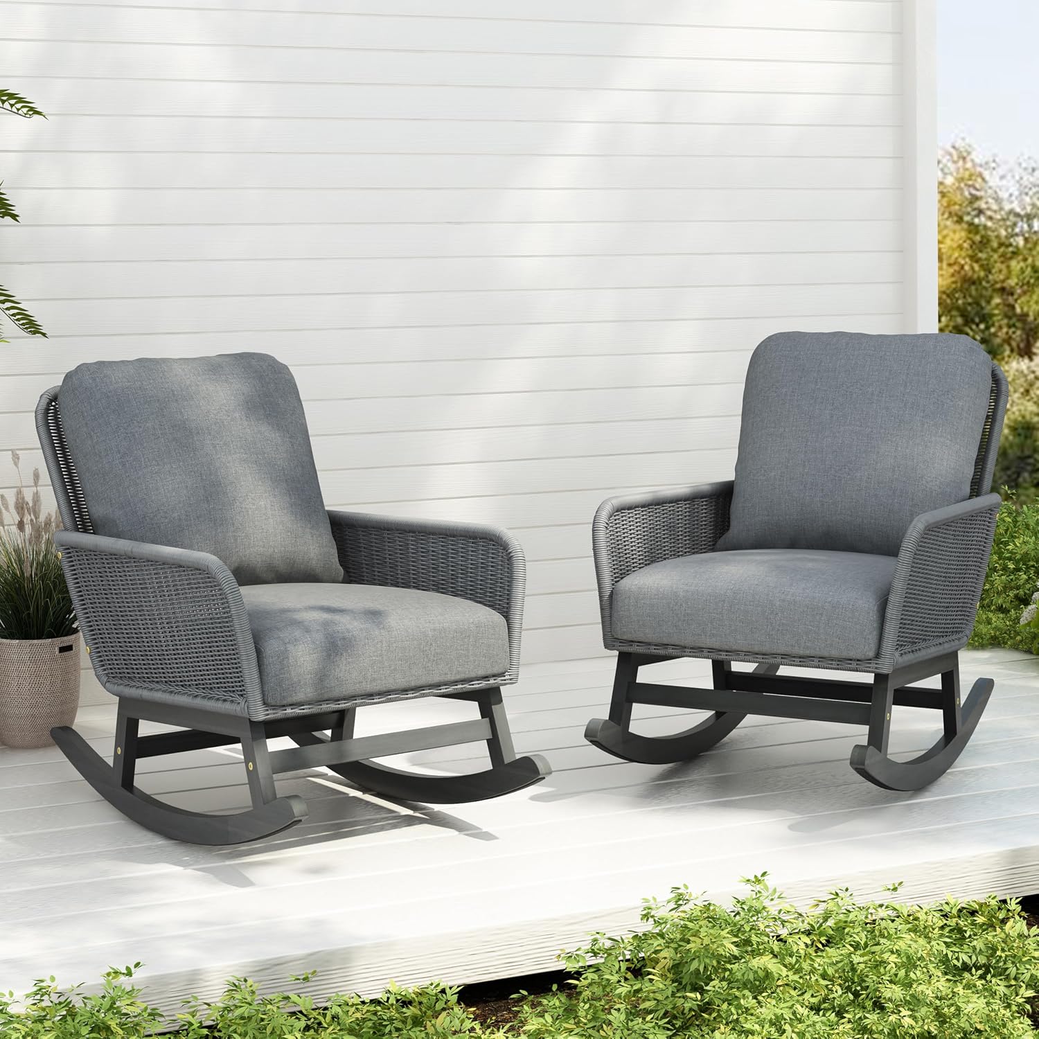 Christopher Knight Home Nadine Patio Rocking Chairs Set of 2, Wicker Rocker, Wood Rocking Chair, PE Rattan Wicker Chair, Rocking Chair with Cushions, Comfort Wicker Rocker for Backyard Balcony, Gray