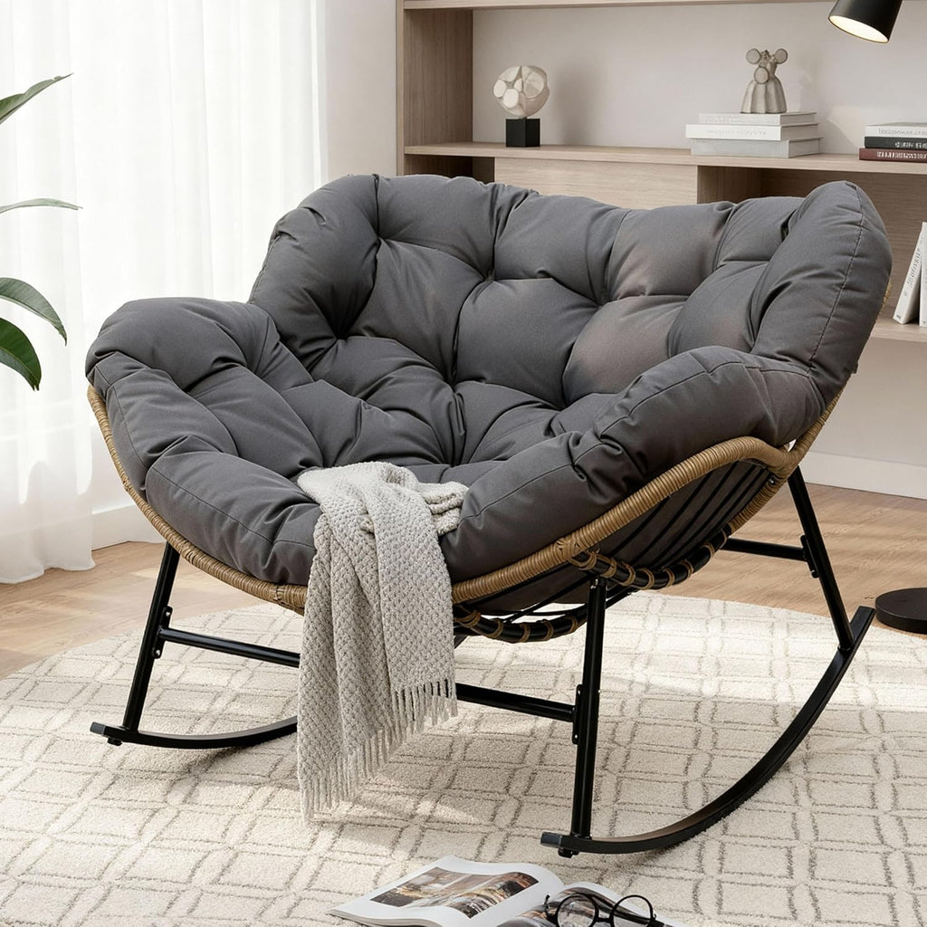 FINCATI Indoor Outdoor Papasan Rocking Chair, Modern Large Reading Lounge Recliner with Cushion, Comfy Big Wicker Rattan Egg Chairs, 450 lbs Sturdy Glider for Bedroom Living Room Porch Garden Grey