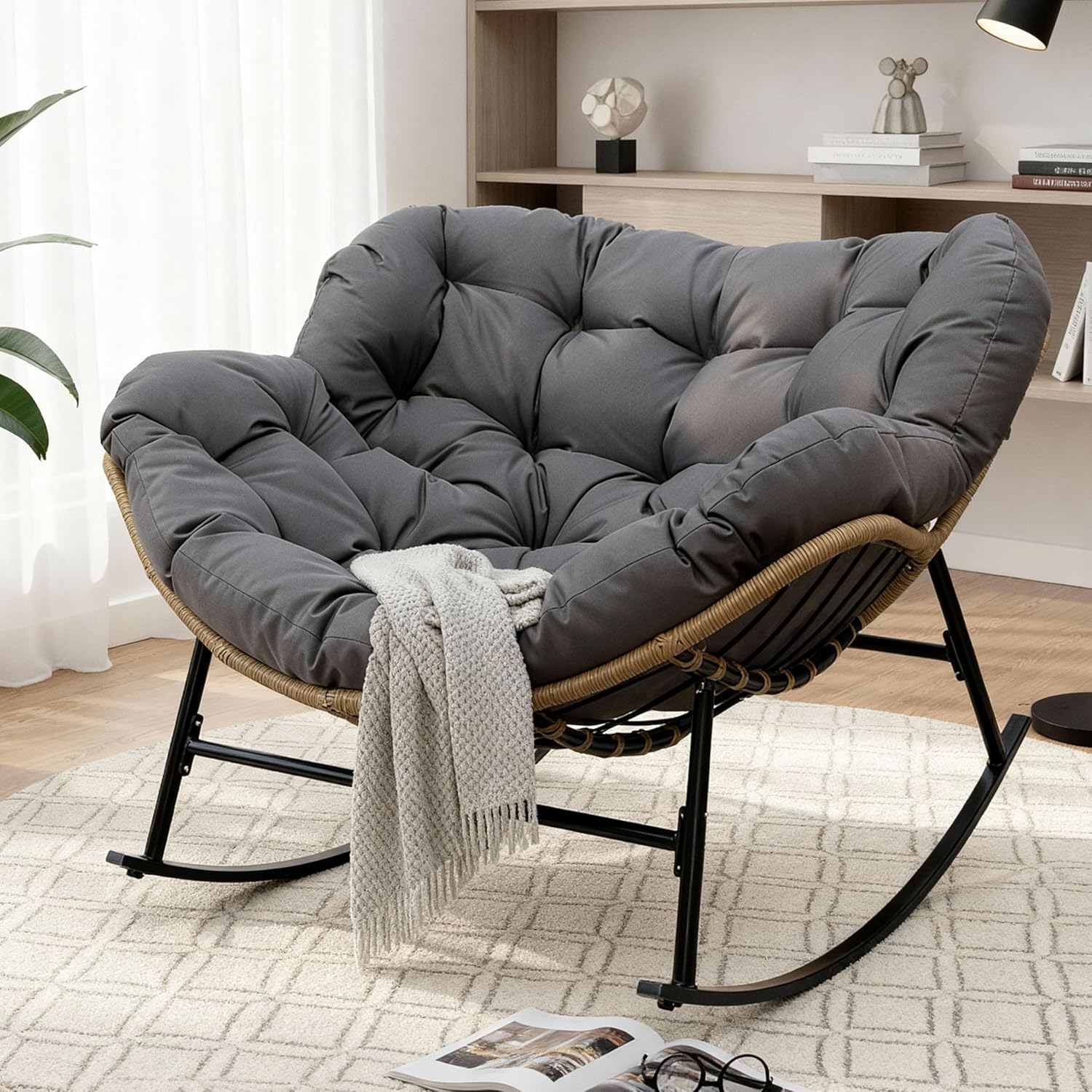 FINCATI Indoor Outdoor Papasan Rocking Chair, Modern Large Reading Lounge Recliner with Cushion, Comfy Big Wicker Rattan Egg Chairs, 450 lbs Sturdy Glider for Bedroom Living Room Porch Garden Grey