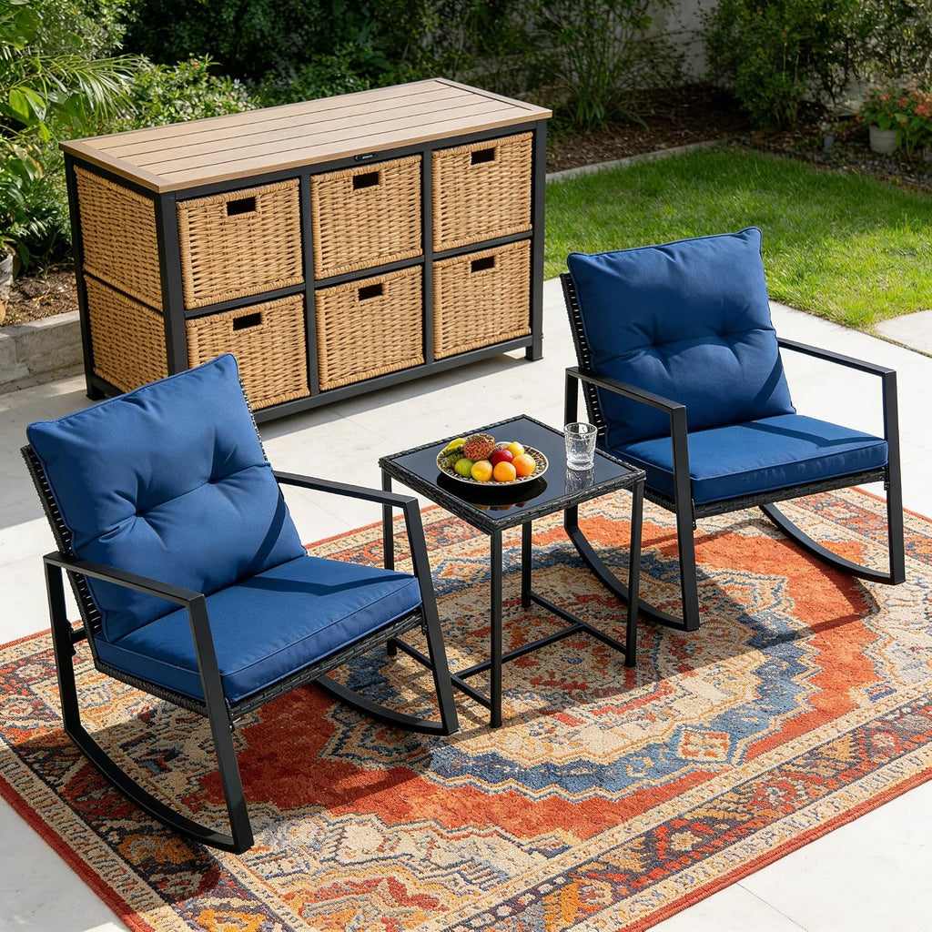 SUNCROWN 3 Piece Outdoor Rocking Bistro Set Black Wicker Furniture Porch Chairs Conversation Sets with Glass Coffee Table, Dark Blue