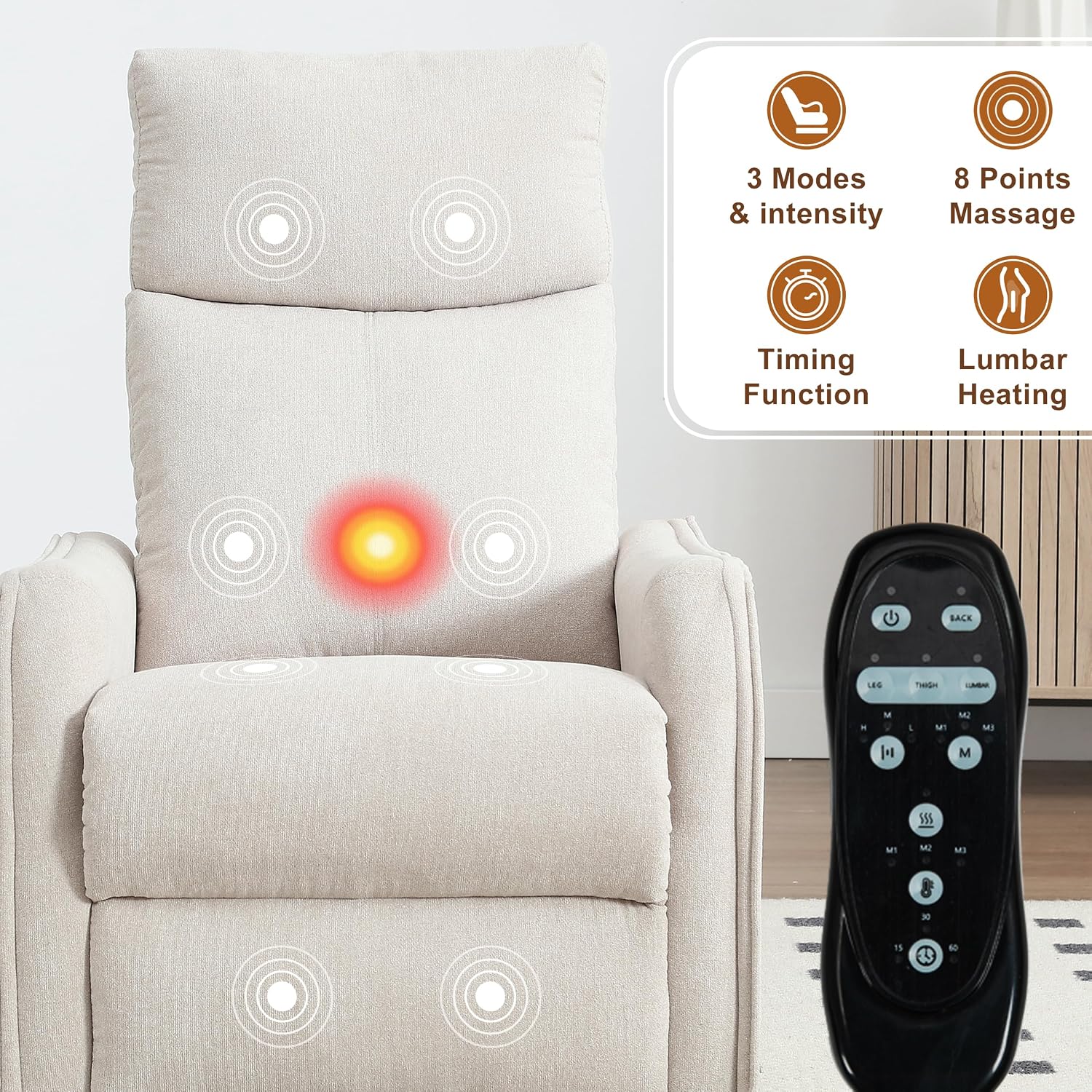 Manual 360° Swivel Rocker Recliner Chair for Adults, Overstuffed Glider Chair for Nursery with Vibration Massage and Heat, Comfy Soft Fabric Glider with Side Pockets for Living Room, Beige