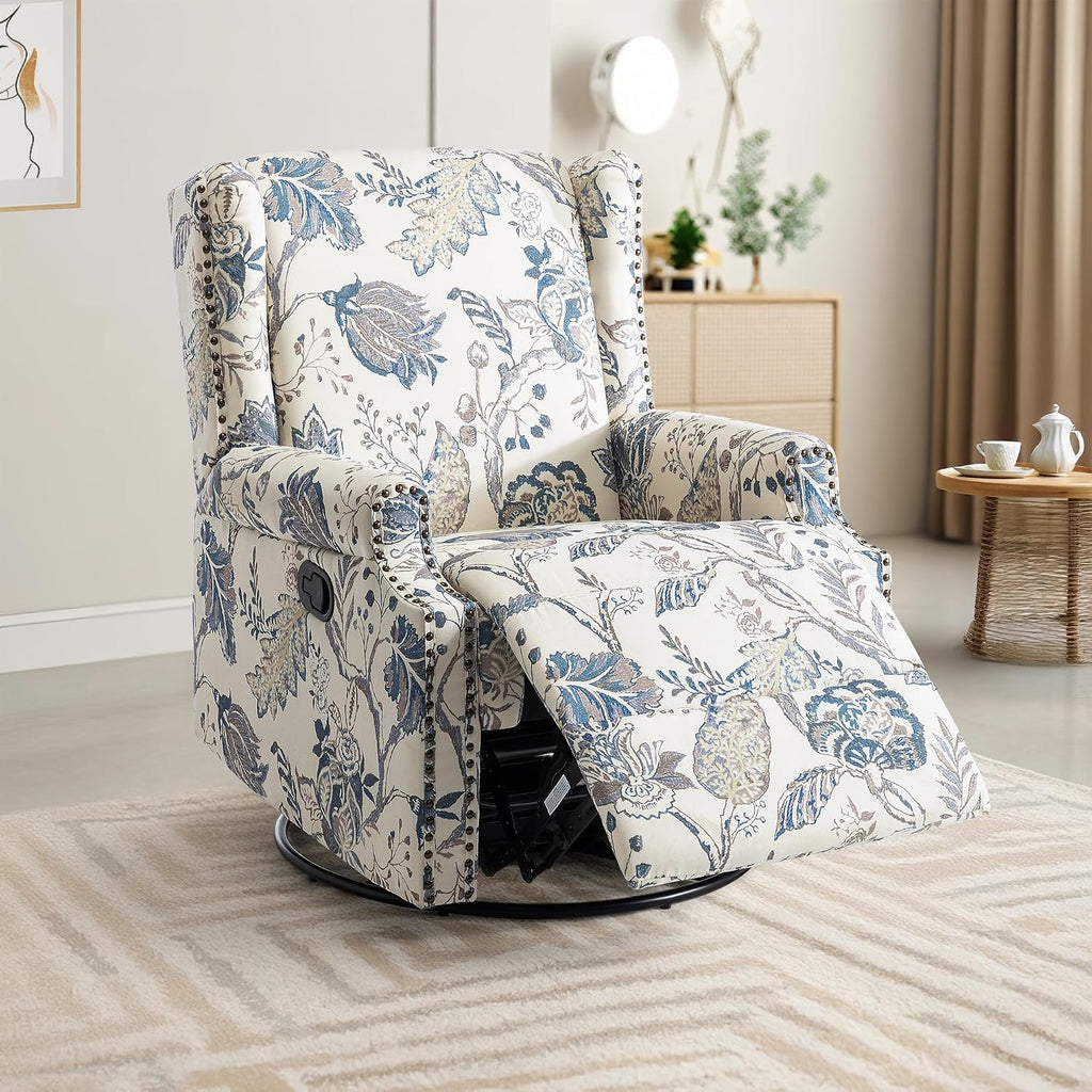 Lumibee Swivel Rocker Recliner Chairs, Printed Fabric Swivel Glider Rocking Chair with High Back, Upholstered Deep Seat Wingback Recliner Chair for Living Room Bedroom, Plants Blue