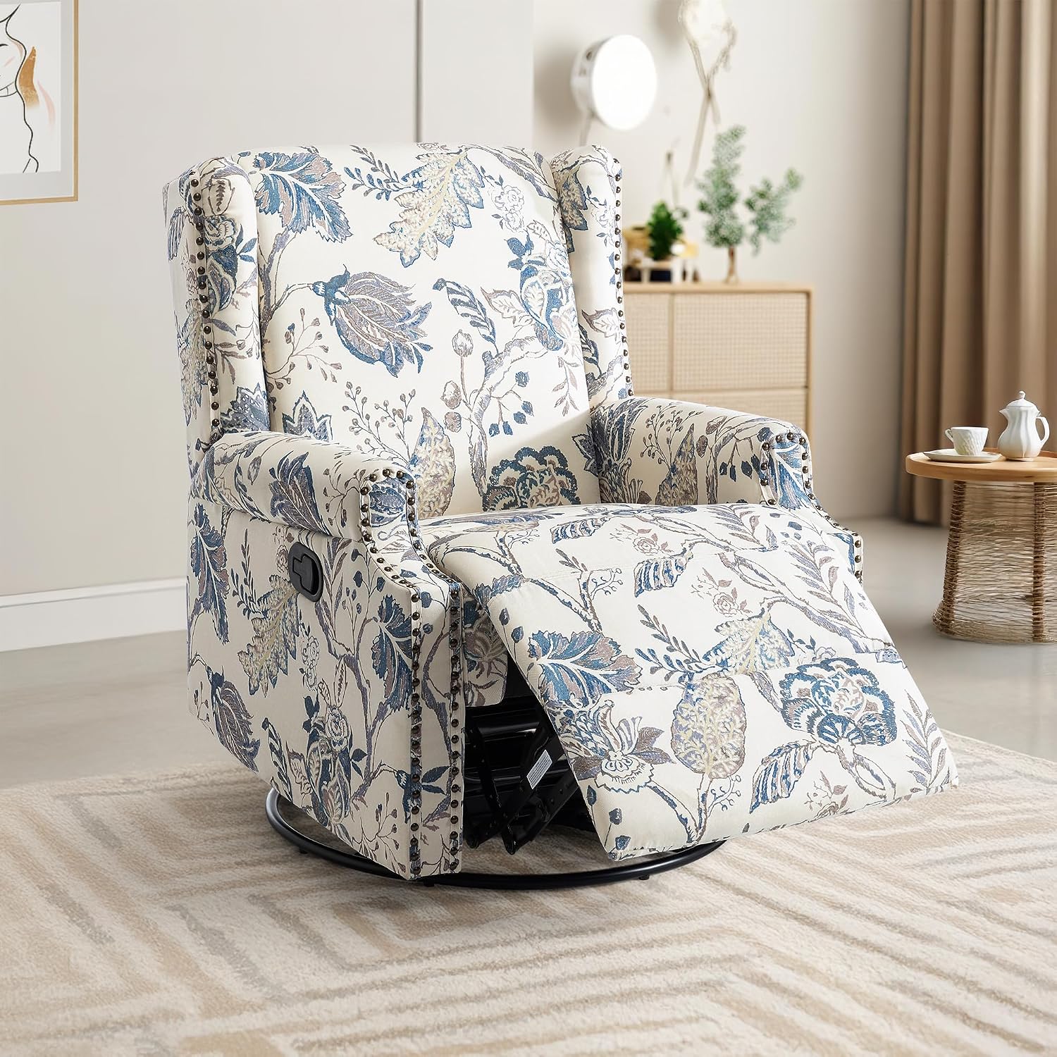 Lumibee Swivel Rocker Recliner Chairs, Printed Fabric Swivel Glider Rocking Chair with High Back, Upholstered Deep Seat Wingback Recliner Chair for Living Room Bedroom, Plants Blue