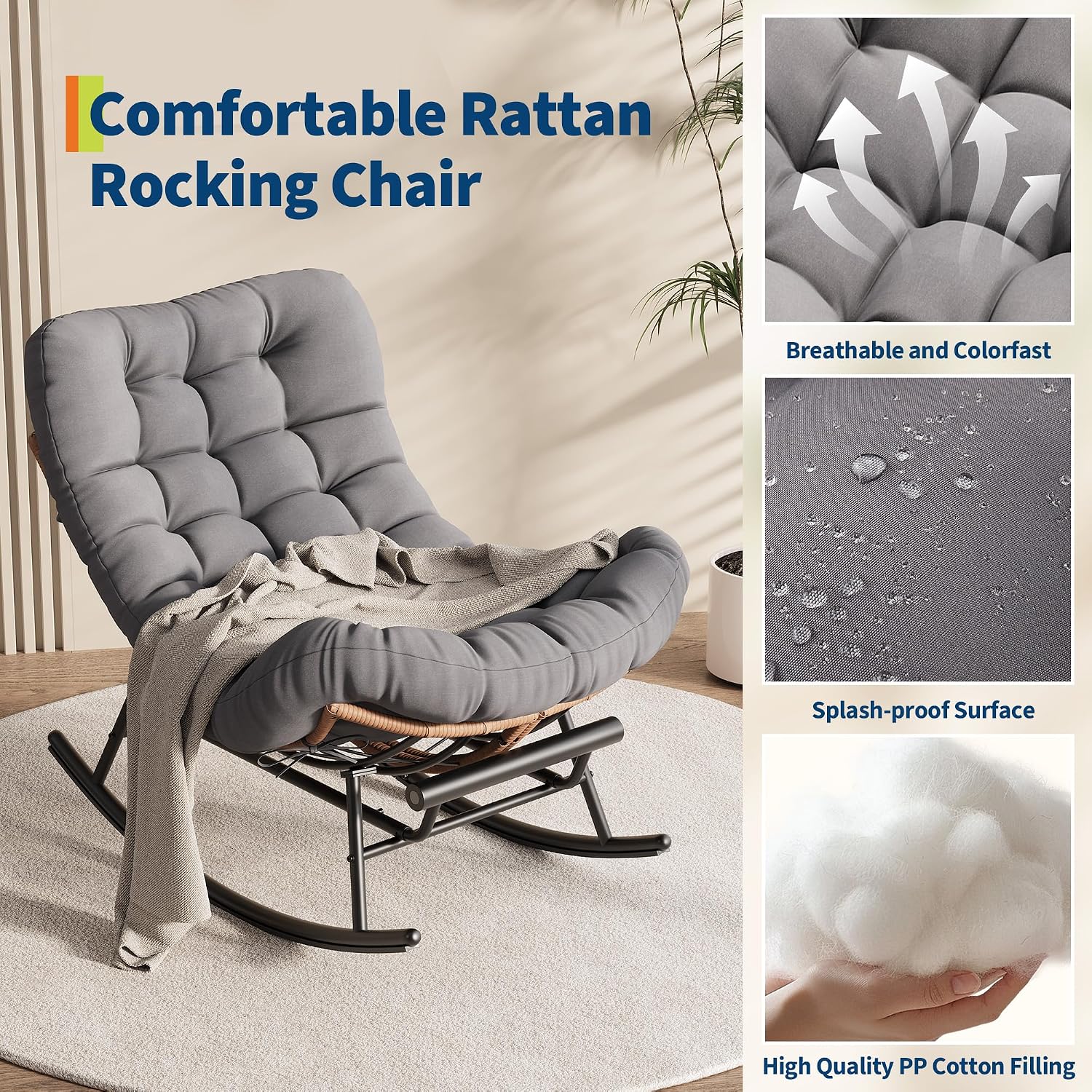 Garvee Outdoor Rocking Chair with Footrest, Oversized Patio Papasan Chairs with Cushion, Modern Lounge Rocker Chair for Indoor Living Room Garden Porch Balcony, Grey