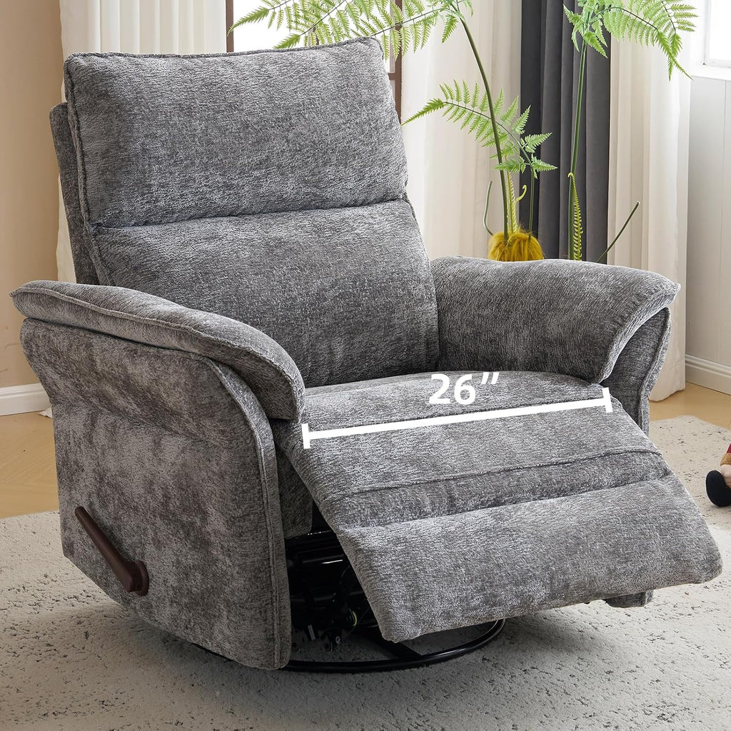 Oversized Glider Rocker Recliner, 26' Extra Wide 360° Swivel Nursery Recliner with Adjustable Headrest, Chenille Rocking Nursery Chair with Overstuffed Armrest, Lumbar Support, Dark Grey