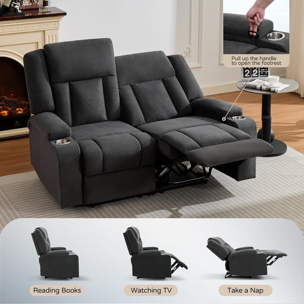 Recliner Sofa with Cup Holders, 3-Seater Fabric Reclining Couch, Manual Recliner Wall Hugger for Living Room, Home Theater, Small Spaces (Dark Gray)