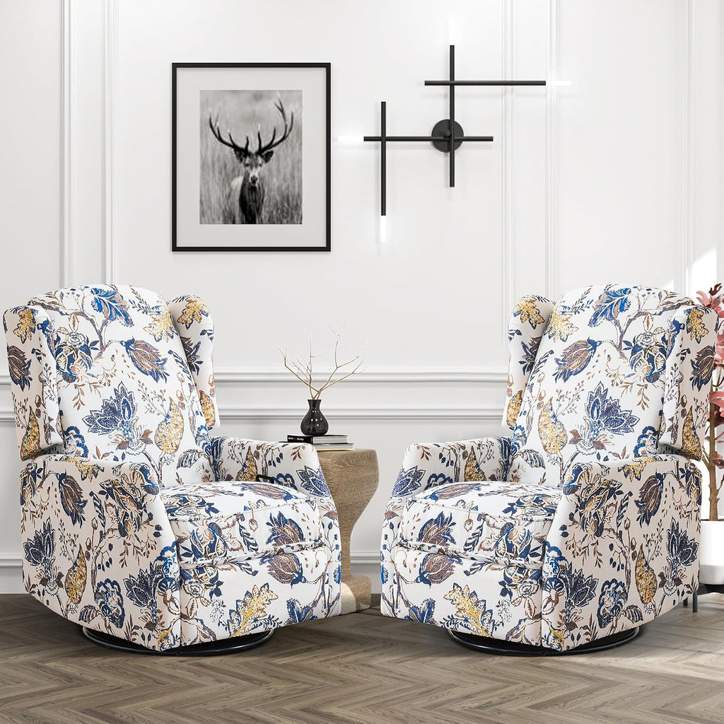 GUEAPY Swivel Rocker Recliner - Printed Modern Wingback Chair for Living Room, Nursery With Adjustable Backrest & Footrest, 360 Degree Swivel, Rocking, Blue Floral