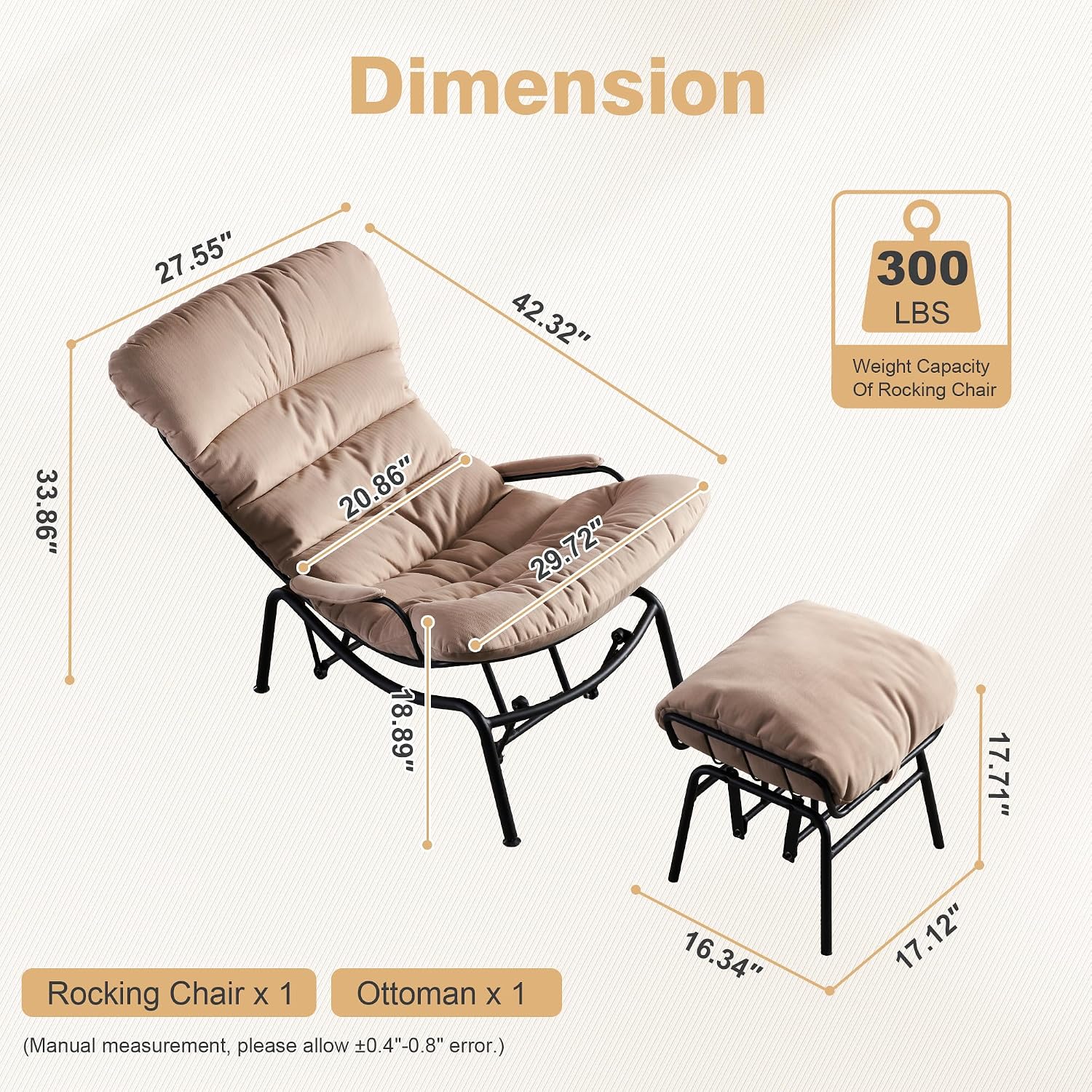 ovios Rocking Chair with Ottoman, Glider Recliner with Footrest, Lazy Accent Armchair with Comfy Cushion for Living Room Bedroom Office, Cloud Plush Flannel Velvet, Beige