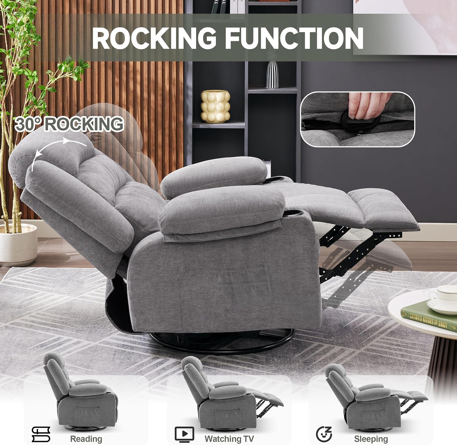 Rocker Recliner Chair with Heat and Massage, 360° Swivel Nursery Rocking Chairs for Adults, Oversized Recliner Single Sofa Seat with Cup Holders, Lazy Boy Recliner Single Sofa (Manual, Grey)