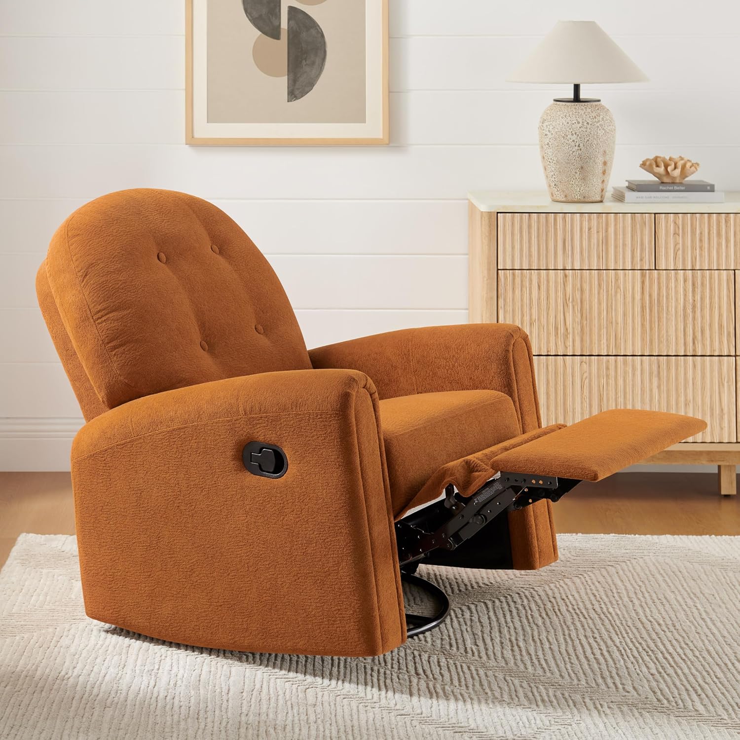 VANOMi 360 Swivel Rocker Recliner Chair, Nursery Rocking Chair with Tufted Backrest, Manual Recliner Chairs for Small Spaces, Upholstered Glider Nursing Chair for Living Room, Bedroom (Curry)