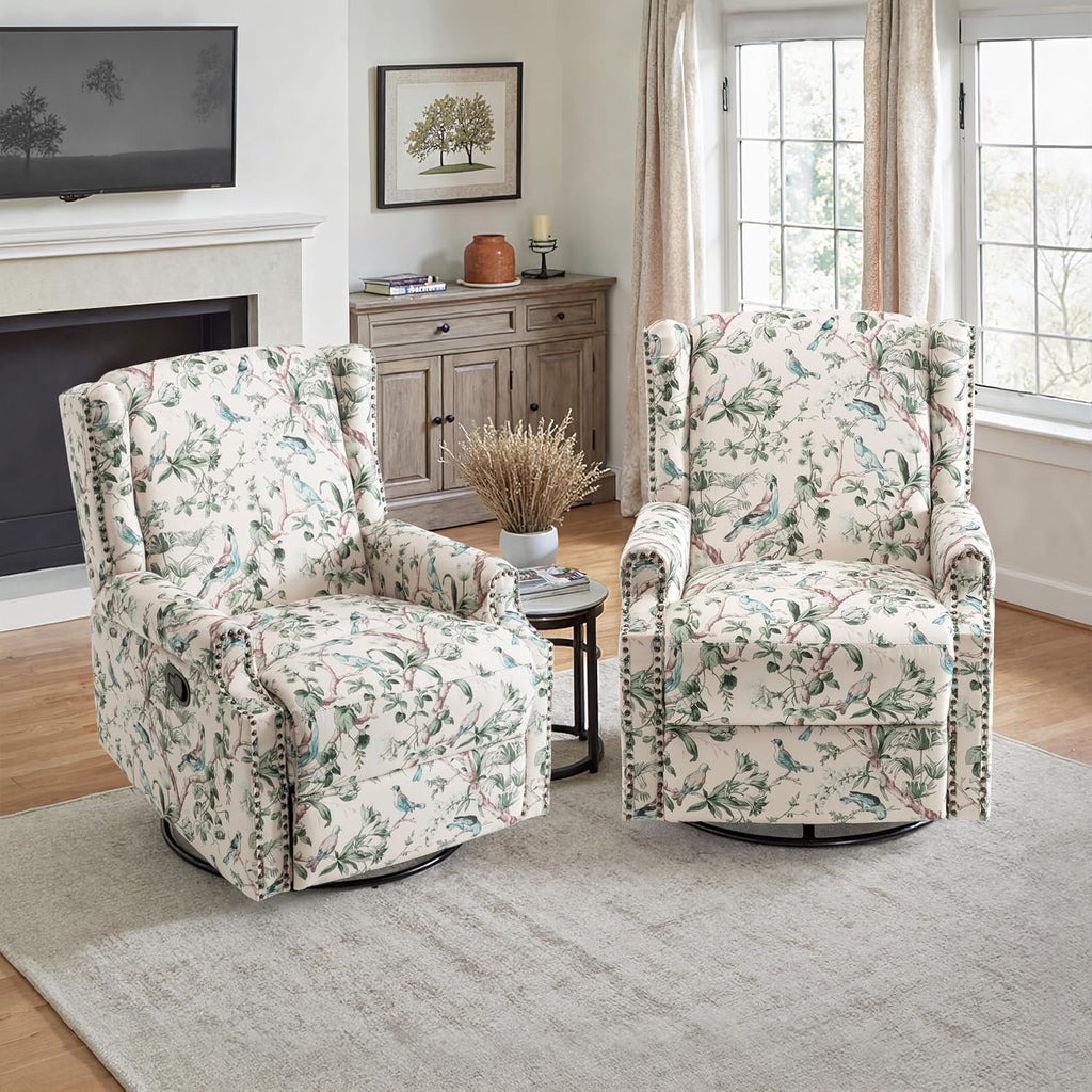 Lumibee Swivel Wingback Recliner Chair, 360° Swivel Rocker Recliner Chair with Footrest High Back, Comfy Upholstered Glider Rocking Chair for Living Room Bedroom (Bird)
