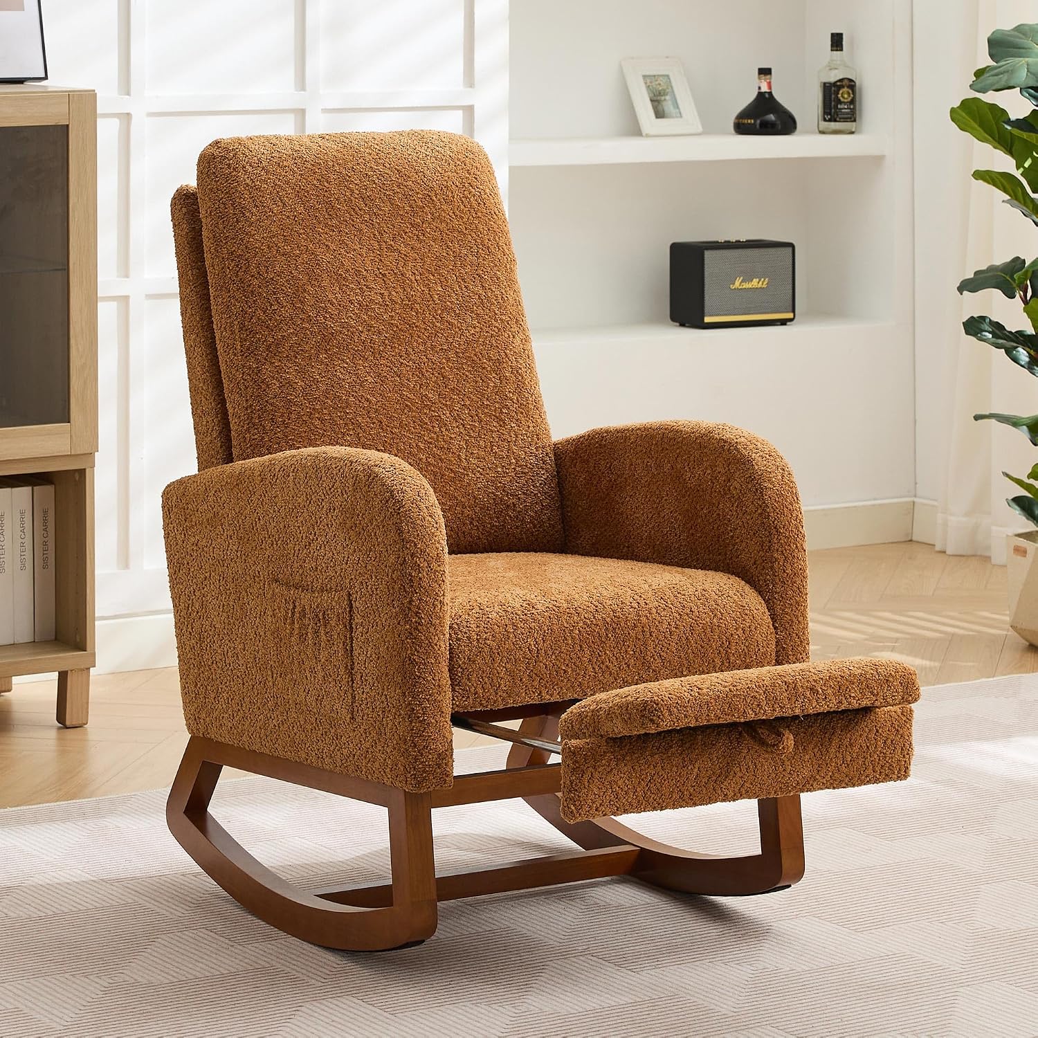 Aoiy & Wifon Rocking Chair Nursery, Modern Nursery Rocking Chairs with Side Pocket & Footrest, Upholstered Rocking Chair Nursery Glider, Boucle, Caramel