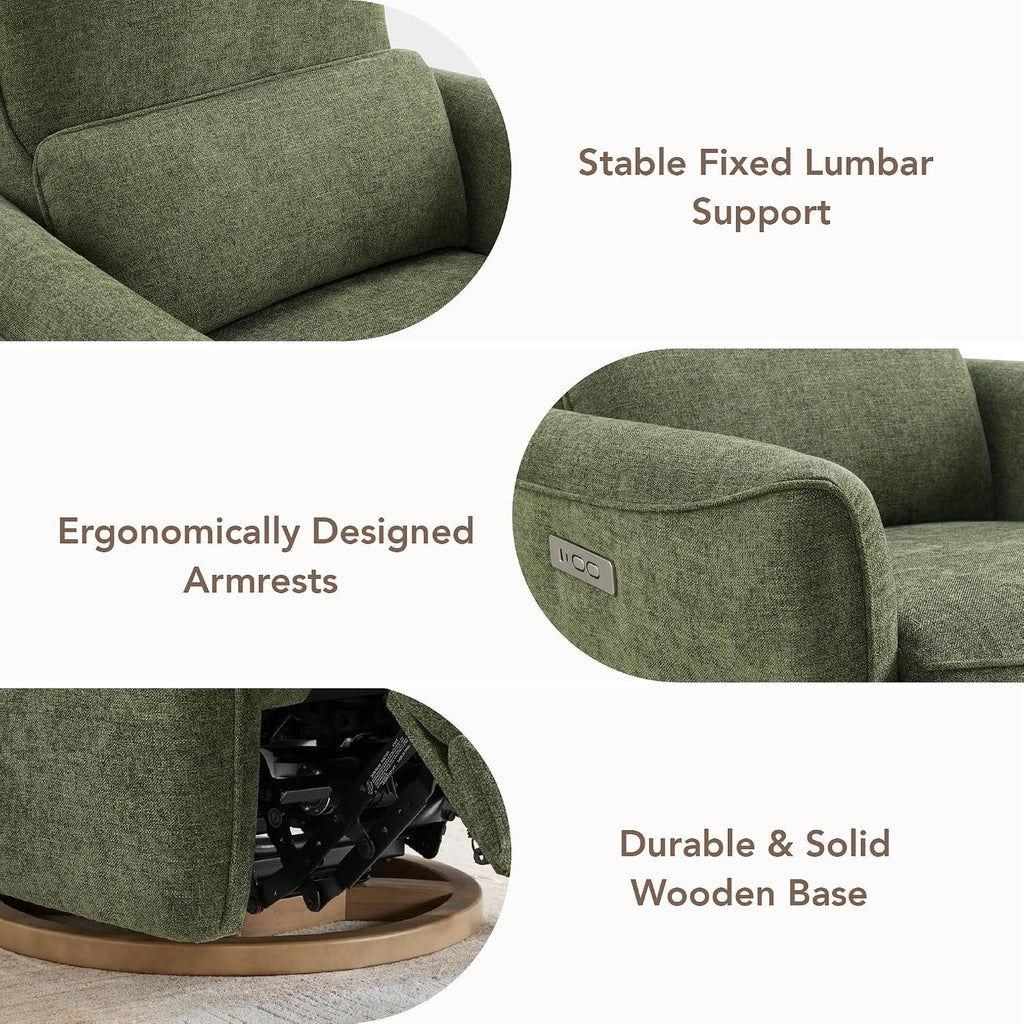 CHITA Power Nursery Rocking Chair, Swivel Glider Recliner Chair with Solid Wood Base, Bulit-in USB & Type-C Charging Ports for Living Room, FSC Certified, Moss Green