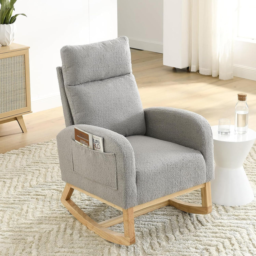 JEEOHEY Rocking Chair Nursery,Teddy Fabric Upholstered Baby Glider Rocker Chair,Comfy Accent Arm Chair with Side Pockets&Solid Wood Legs,Modern Nursing Single Sofa Chair for Living Room,Bedroom(Grey)