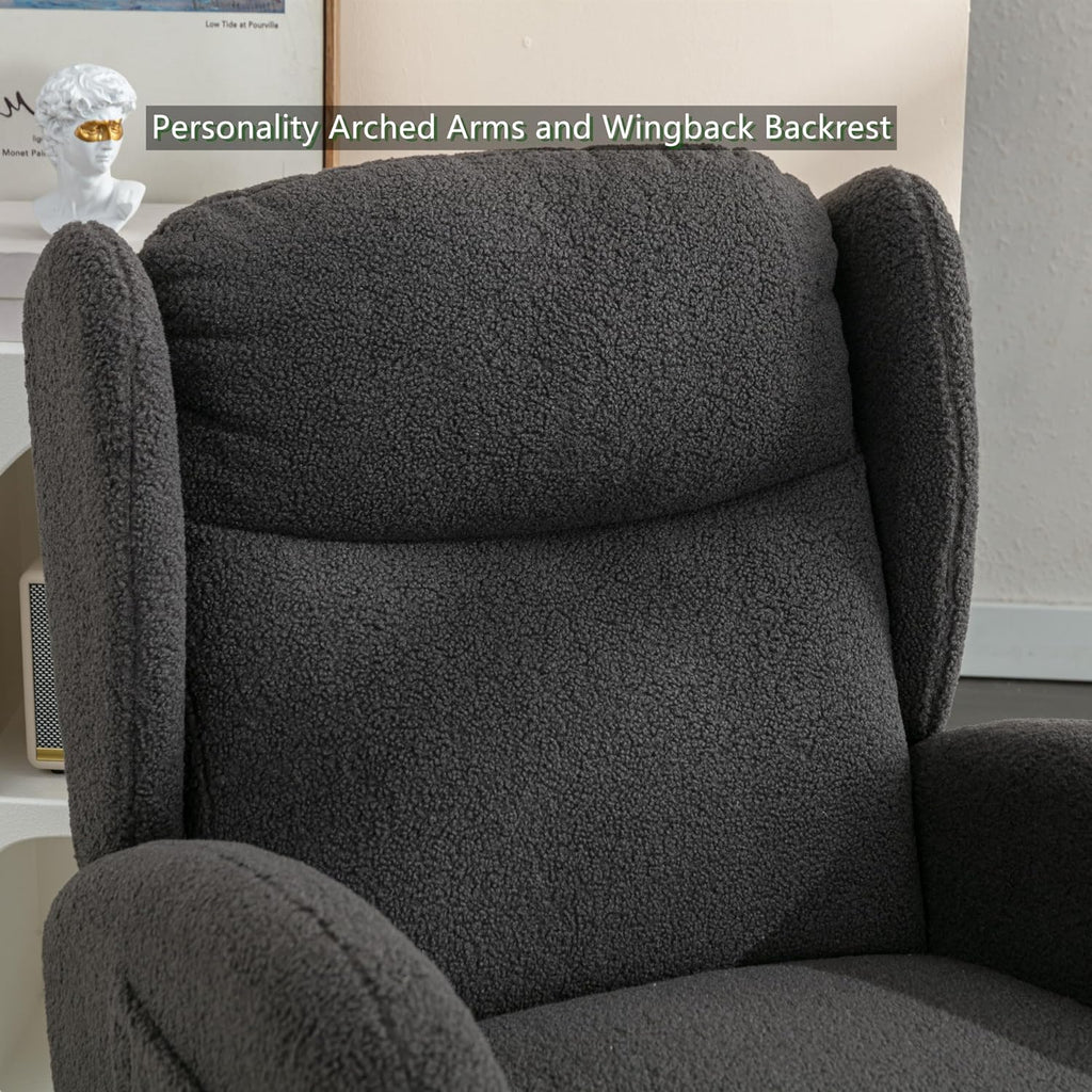 Setawix Teddy Rocking Glider Chair for Nursery,Upholstered Living Room Rocker Arm Chair,Leisure Sherpa Wingback Armchair,Mid Century Modern Rocking Accent Chair with Side Pockets (Wingback Dark Grey)