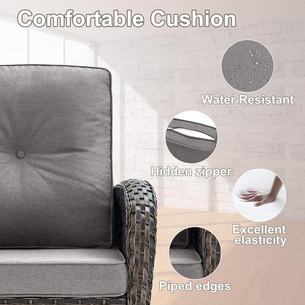 Belord Small Conversation Sets Patio Funiture - 5 Piece Outdoor Swivel Rocker Wicker Furniture Sets with Ottomans Side Table Perfect for Patio Deck Backyard, Brown Wicker Grey Cushion