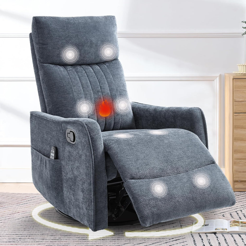 cinkehome Heated Massage Swivel Rocker Recliner Chair for Nursery - Small Space Reclining Chair with Lumbar Support, 360° Swivel & Gentle Rocking, Ergonomic High Back Chenille Fabric Blue