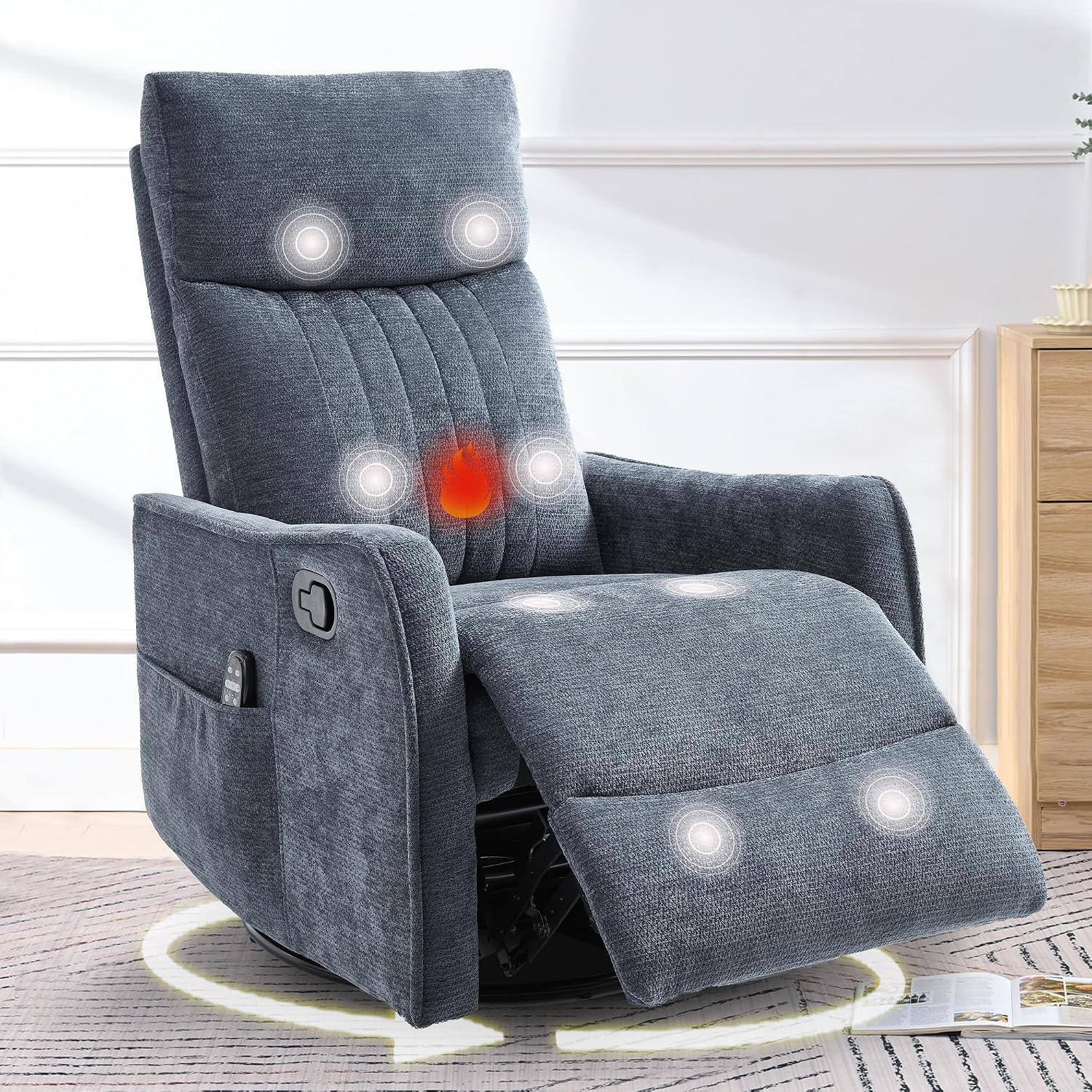 cinkehome Heated Massage Swivel Rocker Recliner Chair for Nursery - Small Space Reclining Chair with Lumbar Support, 360° Swivel & Gentle Rocking, Ergonomic High Back Chenille Fabric Blue
