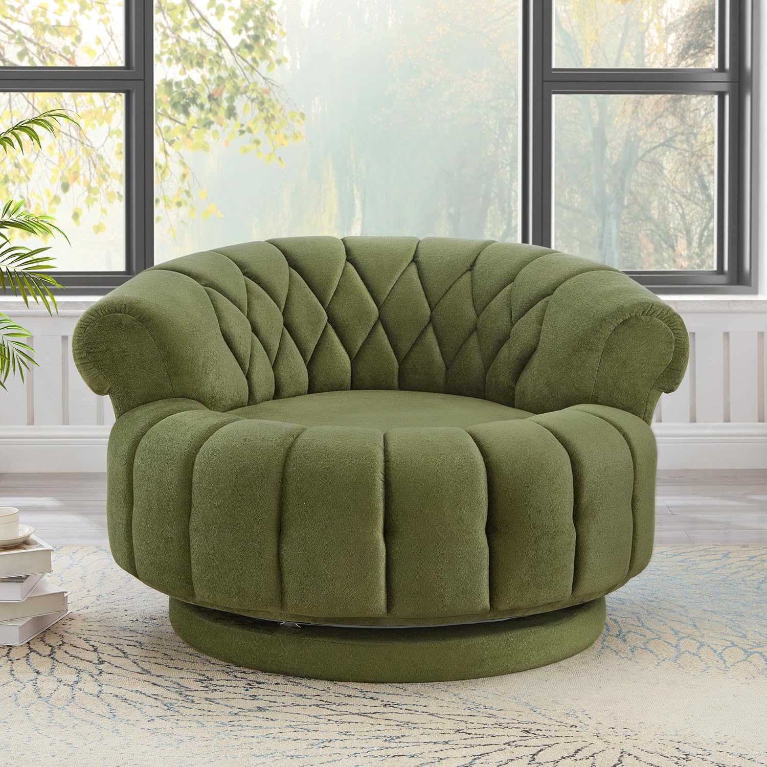 360° Swivel Accent Chair, Chenille Fabric Barrel Swivel Chair Round Club Chair with Curved Armrests & Thick Cushioning, Stylish Channel-Tufted & Diamond-Quilted Backrest for Living Room (Green,02)