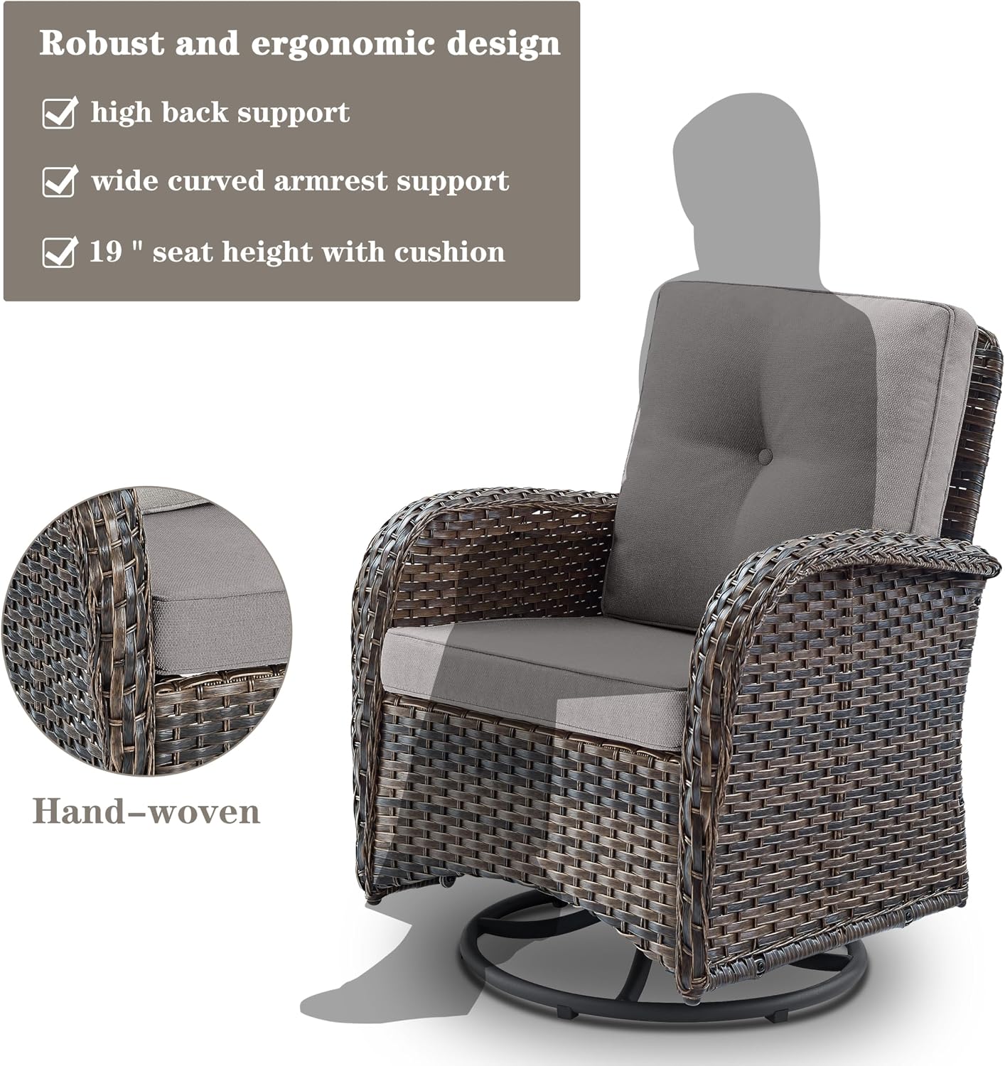 Belord Patio Furniture Swivel Glider PE Wicker Chairs, Outdoor Swivel Rocker Seating with Cushions for Porch Deck Balcony, Brown/Gray