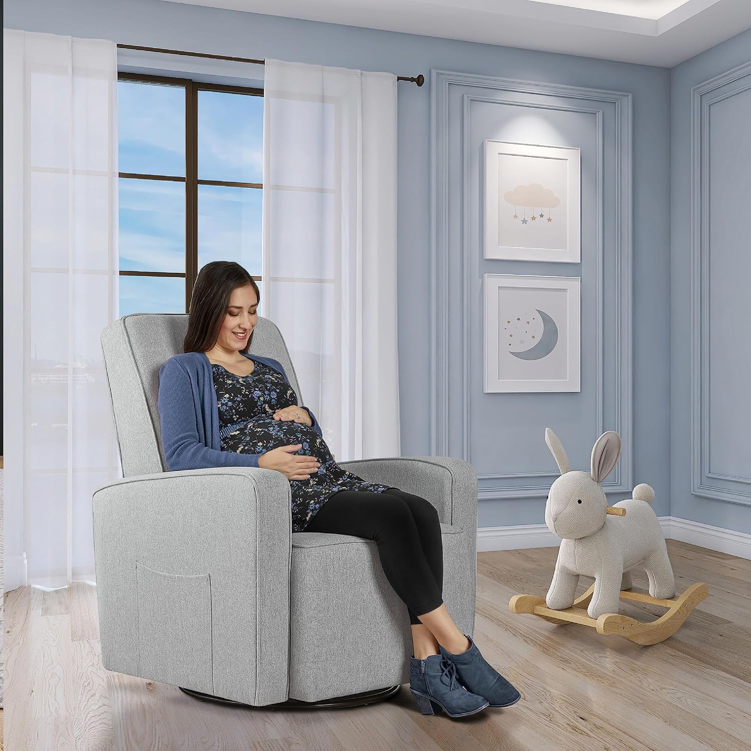 Evolur Holland Upholstered Plush Seating Glider Swivel, Glider Chair for Nursery in Light Grey, Modern Nursery Glider, Tool-Free Assembly, Easy to Clean, Environmentally Conscious Glider