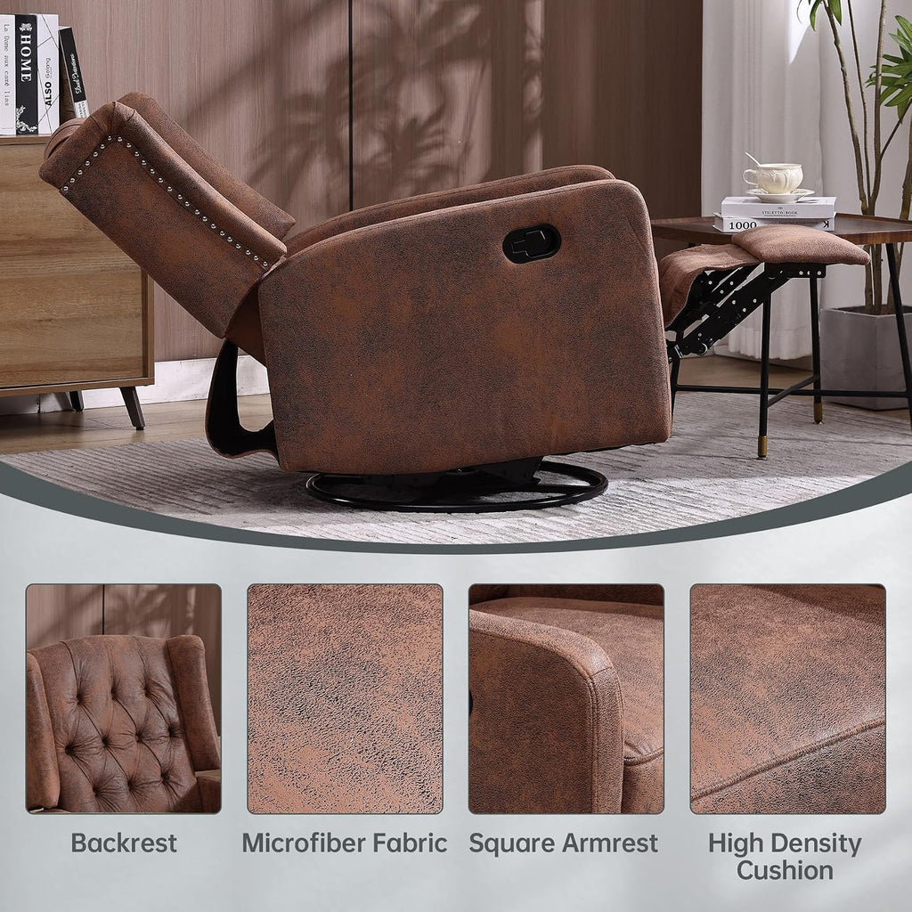 HRVEOCEI Glider Recliner Nursery Chair, Cozy Microsuede Rocking Chair Nursery Recliner with Adjustable Button Backrest and Footrest, Swivel Recliner Chair for Living Room, Bedroom, Office (Coffee)