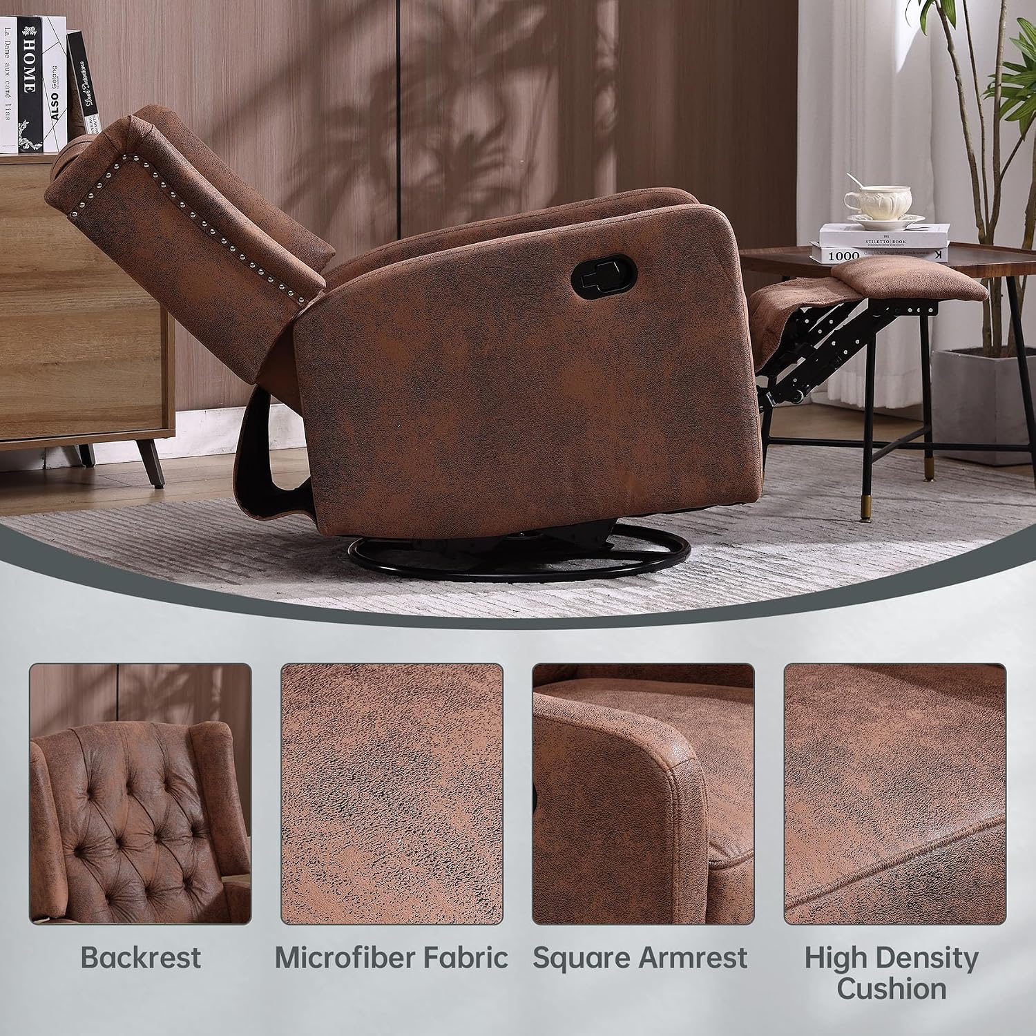 HRVEOCEI Glider Recliner Nursery Chair, Cozy Microsuede Rocking Chair Nursery Recliner with Adjustable Button Backrest and Footrest, Swivel Recliner Chair for Living Room, Bedroom, Office (Coffee)