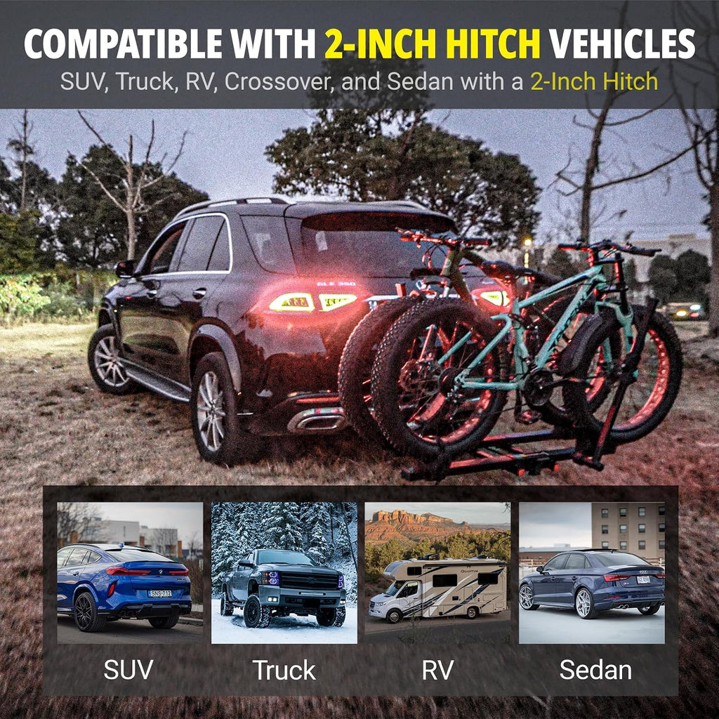 TRAILV2 Hitch Mount 2-Bike Rack with Bike Ramp - Tilt, Fold, Anti-Theft Hitch & Wheel Lock, 170lbs Capacity, 2-Inch Receiver, Up to 5.0' Fat Tire, Electric Bike Rack for Car, SUV, RV, Truck