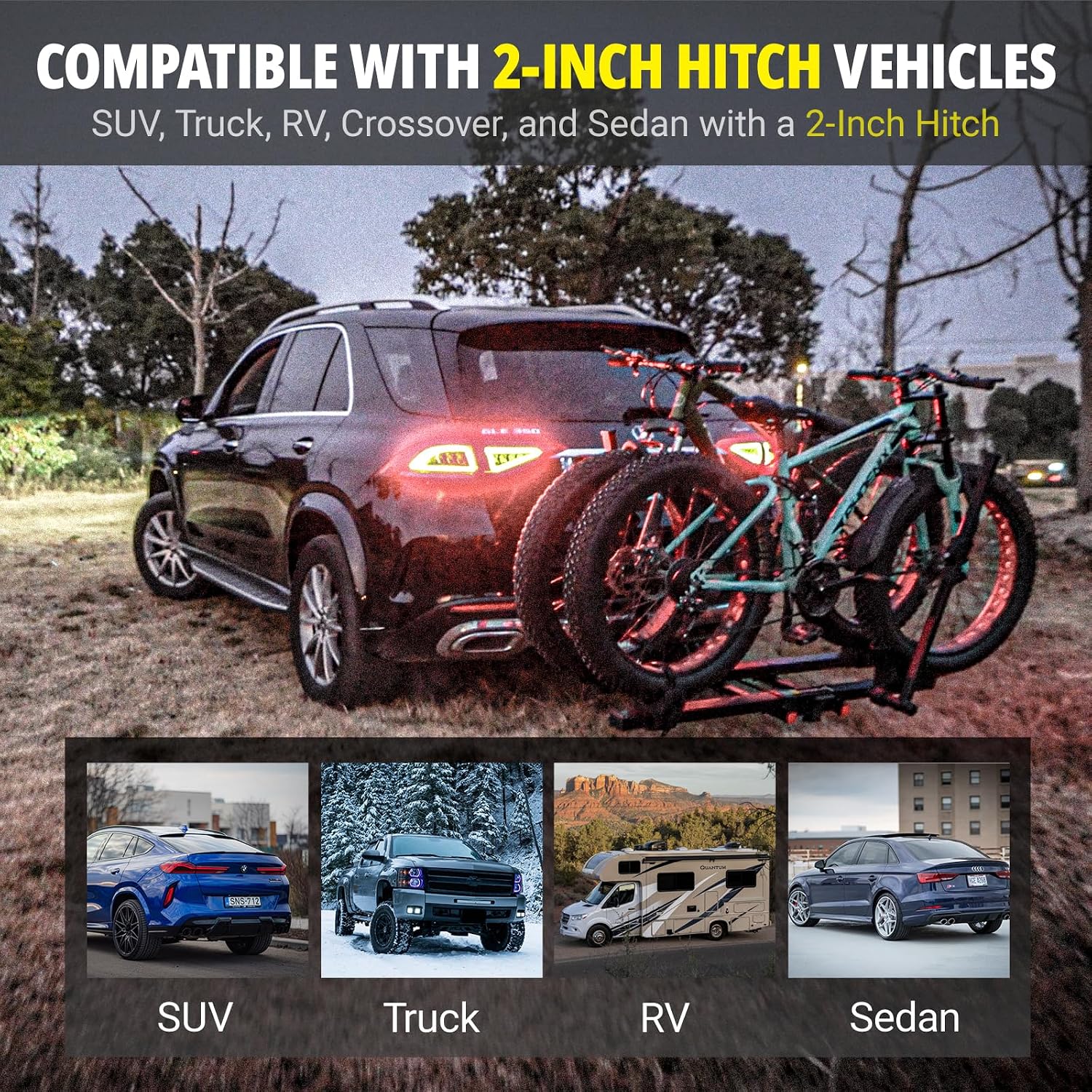 TRAILV2 Hitch Mount 2-Bike Rack with Bike Ramp - Tilt, Fold, Anti-Theft Hitch & Wheel Lock, 170lbs Capacity, 2-Inch Receiver, Up to 5.0' Fat Tire, Electric Bike Rack for Car, SUV, RV, Truck