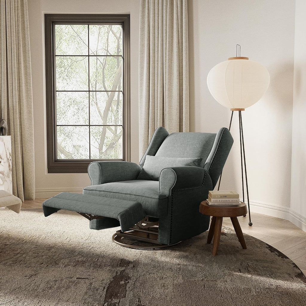 May in Color Nursery Glider Recliner, Comfy Upholstered Glider Chair with Lumbar Pillow and Footrest, Swivel Rocking Chair for Bedroom, Living Room, Dark Grey