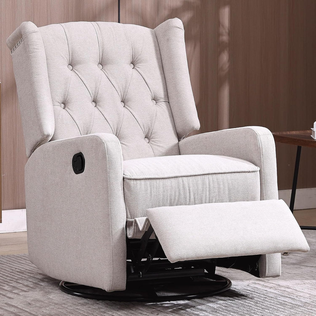HRVEOCEI Glider Recliner Nursery Chair, Cozy Linen Rocking Chair Nursery Recliner with Adjustable Button Backrest and Footrest, Swivel Recliner Chair for Living Room, Bedroom, Office (Beige)