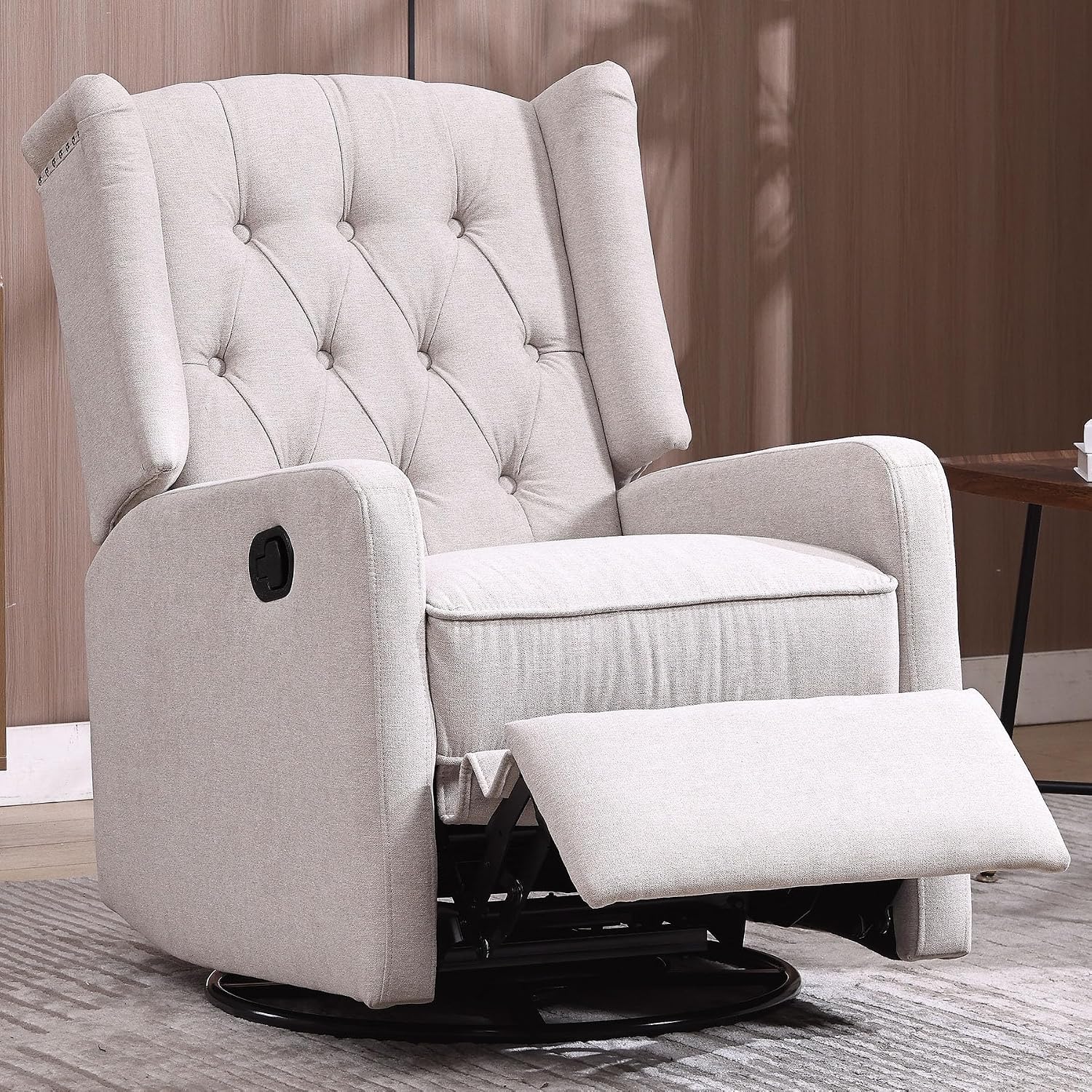 HRVEOCEI Glider Recliner Nursery Chair, Cozy Linen Rocking Chair Nursery Recliner with Adjustable Button Backrest and Footrest, Swivel Recliner Chair for Living Room, Bedroom, Office (Beige)