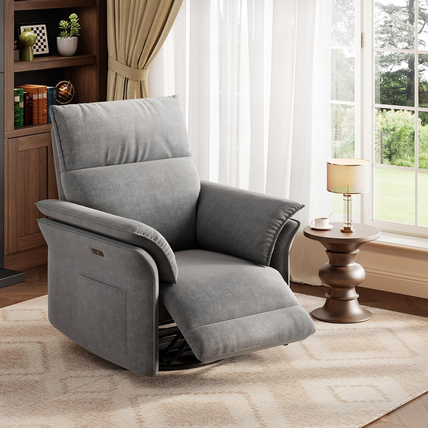 Garvee Power Recliner Glider Chair with Smooth Swivel and Rocking Motion Adjustable Recline USB Charging Port Premium Chenille Fabric and Double Armrests for Living Room and Nursery
