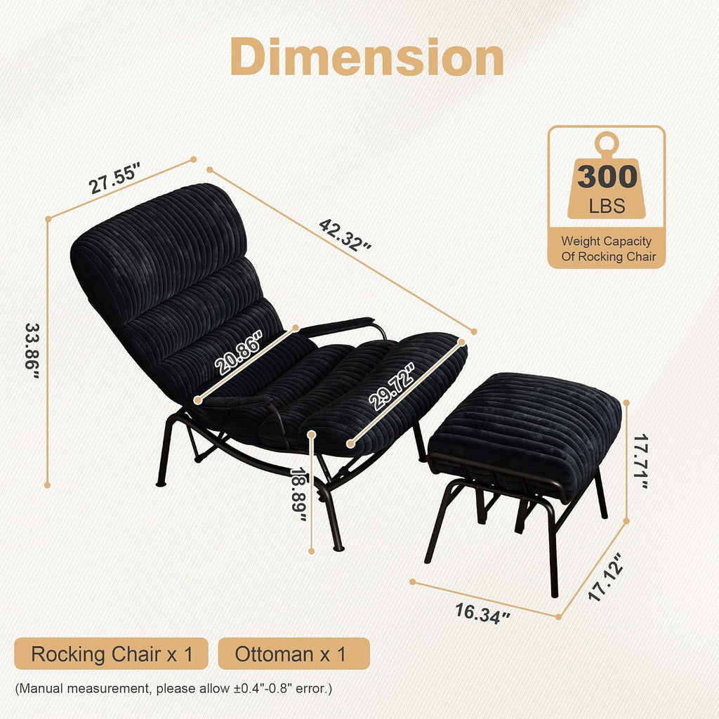 ovios Rocking Chair with Ottoman, Glider Recliner with Footrest, Lazy Accent Armchair with Comfy Cushion for Living Room Bedroom Office, Cloud Plush Corduroy, Black