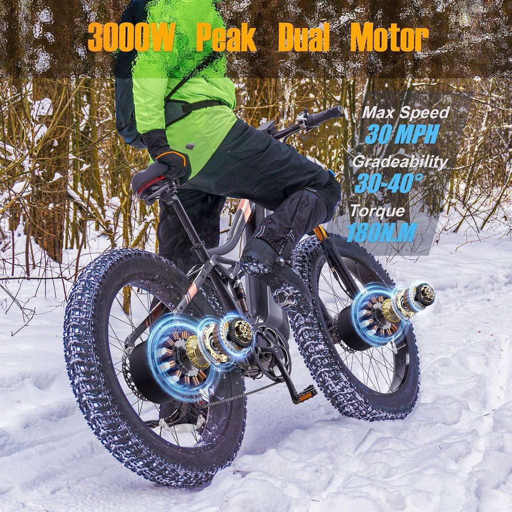 2026 Dual Motor Electric Bike for Adults AWD 5000W/3000W Peak 40 MPH/30 MPH E Dirt Bike, 52V/48V Removable Battery 65/80/150 Miles Max Long Range with Full Suspension 26' Fat Tires Mountain Bike