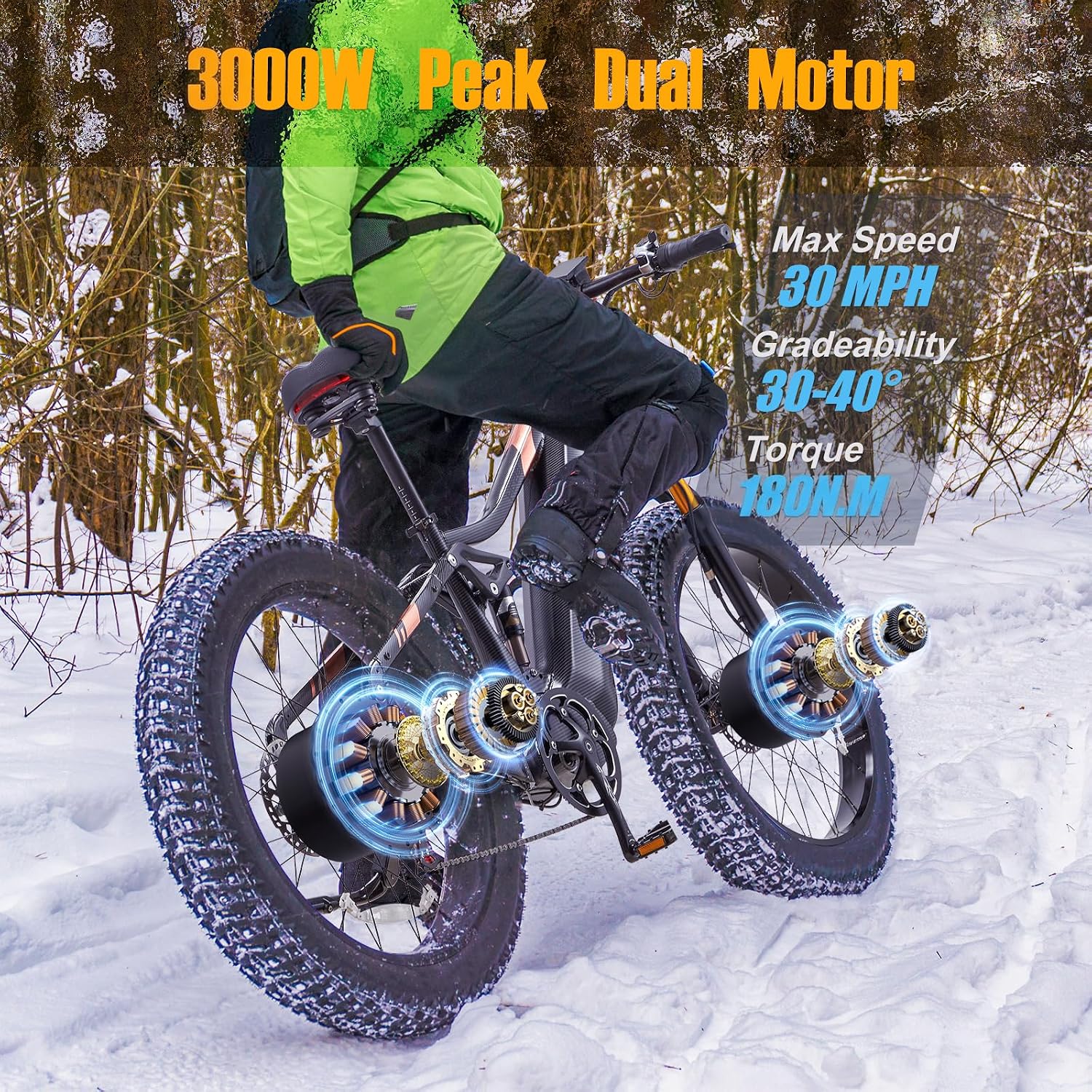 2026 Dual Motor Electric Bike for Adults AWD 5000W/3000W Peak 40 MPH/30 MPH E Dirt Bike, 52V/48V Removable Battery 65/80/150 Miles Max Long Range with Full Suspension 26' Fat Tires Mountain Bike