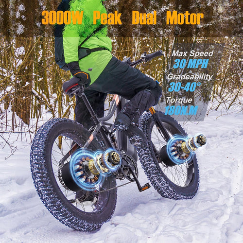 2026 Dual Motor Electric Bike for Adults AWD 5000W/3000W Peak 40 MPH/30 MPH E Dirt Bike, 52V/48V Removable Battery 65/80/150 Miles Max Long Range with Full Suspension 26' Fat Tires Mountain Bike