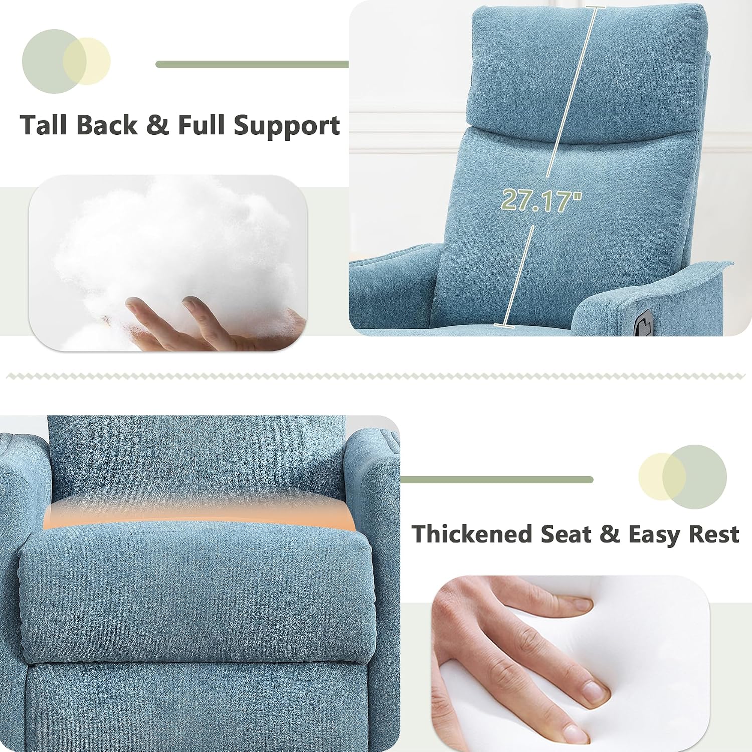 cinkehome Swivel Rocker Recliner Chair with Heated Massage, Rocking Reclining Chairs for Nursery, Small Spaces, High Back, Side Pocket