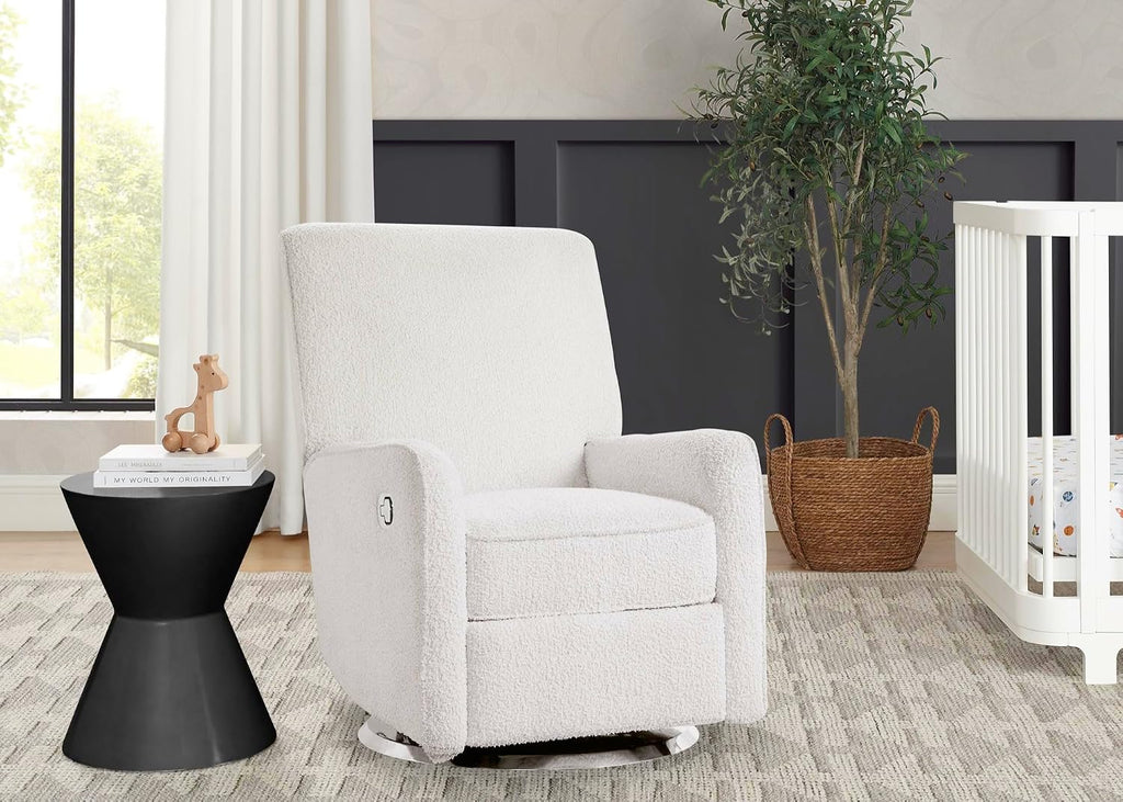 Delta Children Nest Nursery Swivel Recliner - Fabric is GREENGUARD Gold Certified and Oeko-TEX Standard 100 - Upholstered in a Unique Chenille Yarn for Blanket Like Softness, Oyster
