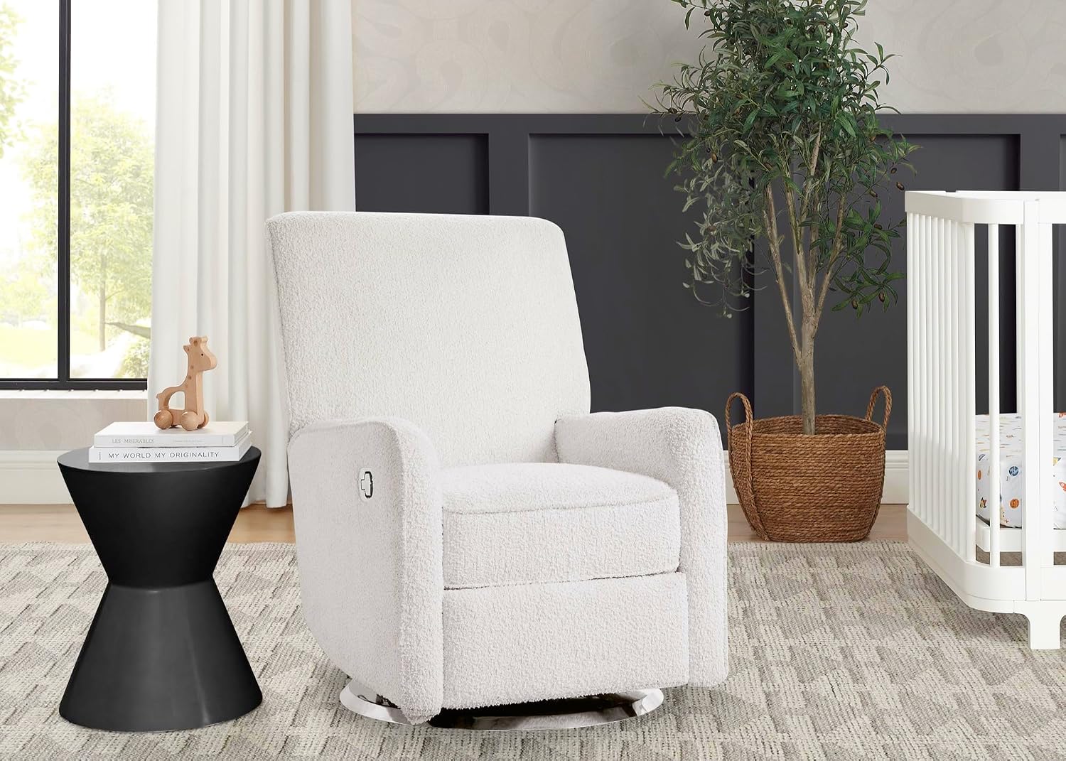 Delta Children Nest Nursery Swivel Recliner - Fabric is GREENGUARD Gold Certified and Oeko-TEX Standard 100 - Upholstered in a Unique Chenille Yarn for Blanket Like Softness, Oyster