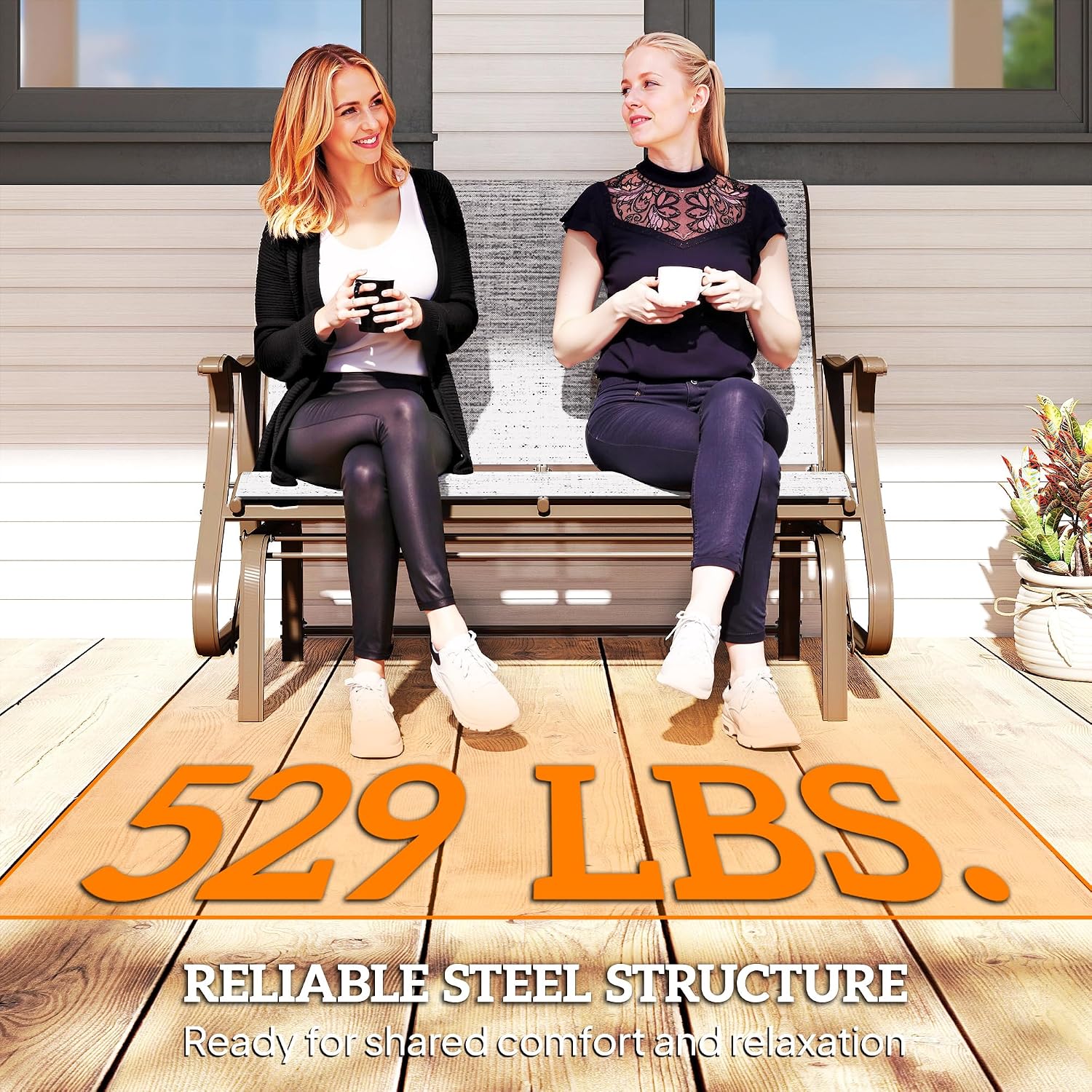 Outsunny 2-Person Outdoor Glider Bench, Patio Glider Loveseat Chair with Powder Coated Steel Frame, 2 Seats Porch Rocking Glider for Backyard, Lawn and Garden, Mixed Gray