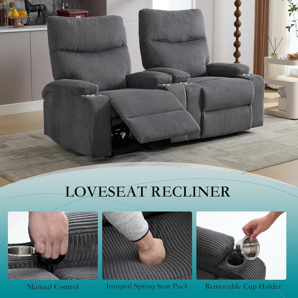 Manual Recliner Chair with Pull Ring, 3 Position 140° Reclining Sofa for Living Room, Nursery, RV, and Office,Oversized Recliner Chairs for Adults(Grey Corduroy Fabric)