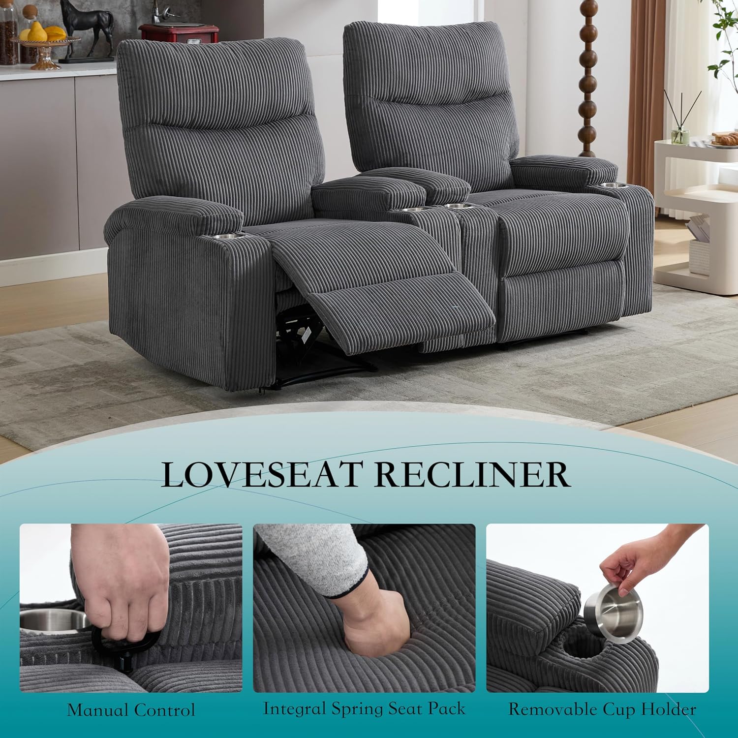 Manual Recliner Chair with Pull Ring, 3 Position 140° Reclining Sofa for Living Room, Nursery, RV, and Office,Oversized Recliner Chairs for Adults(Grey Corduroy Fabric)