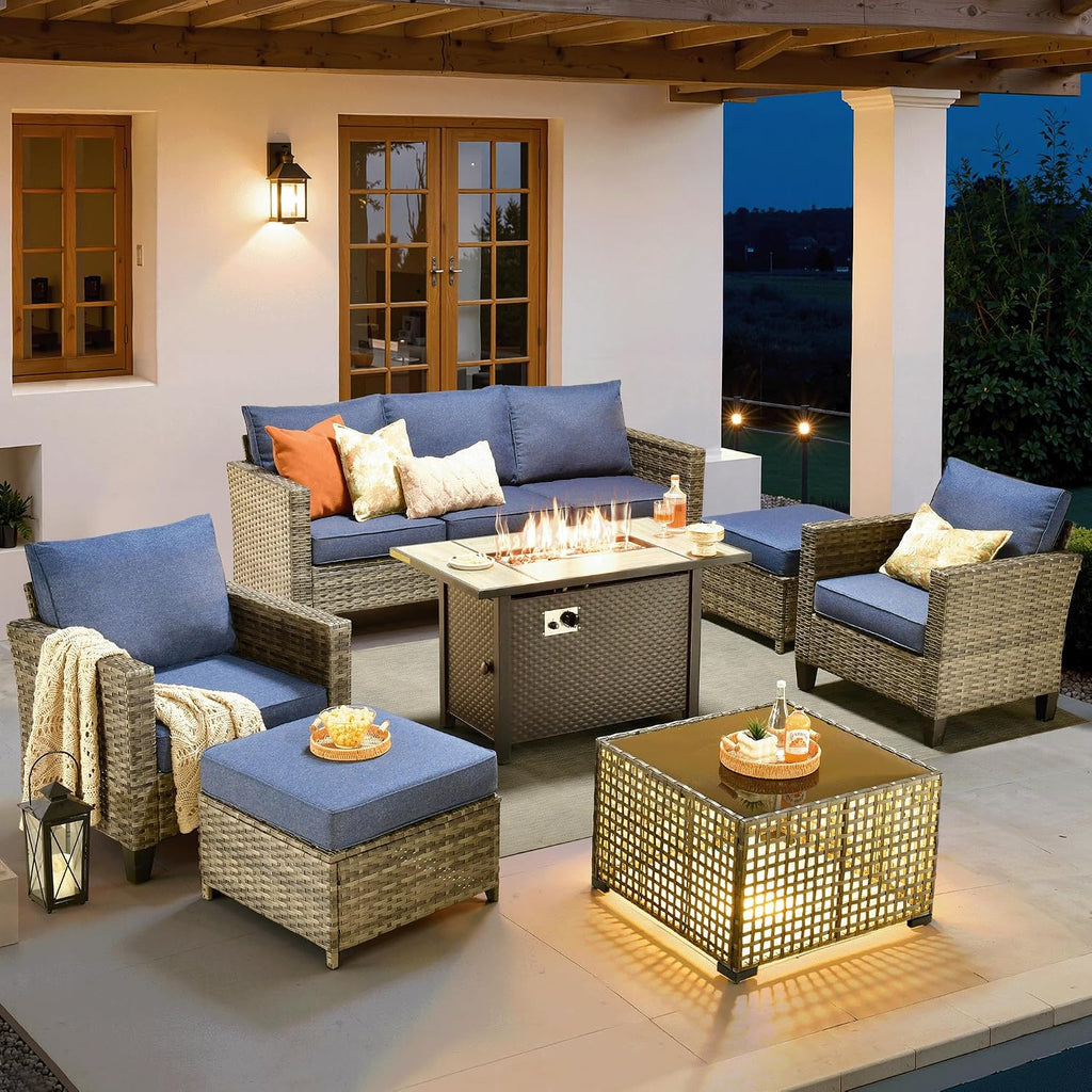 ovios 7 Pieces Patio Furniture Set with 42' Fire Pit Table, Outdoor Sofa Couch with Solar Lights Table Comfy Cushions, Modern Deep Seat Wicker Rattan Conversation Set, Denim Blue
