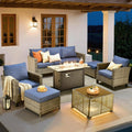 ovios 7 Pieces Patio Furniture Set with 42' Fire Pit Table, Outdoor Sofa Couch with Solar Lights Table Comfy Cushions, Modern Deep Seat Wicker Rattan Conversation Set, Denim Blue