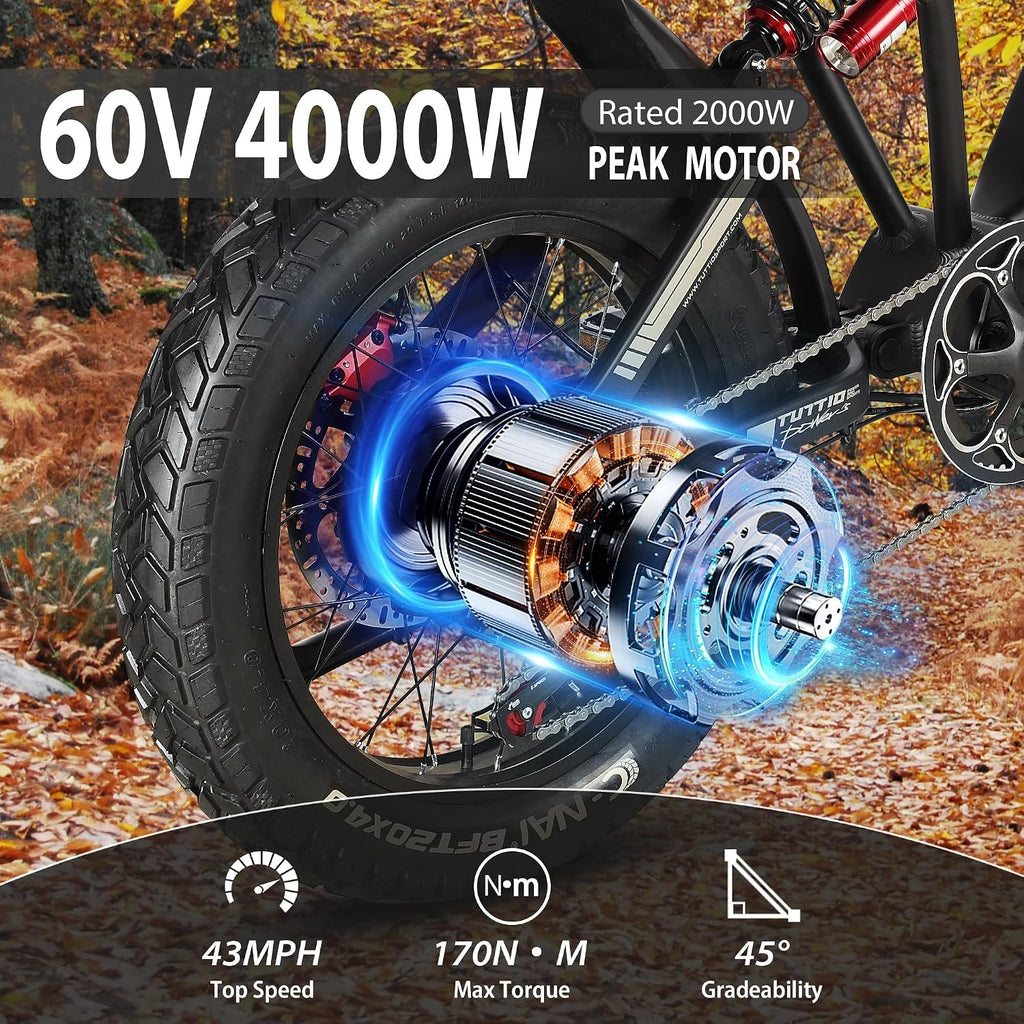 Tuttio ICT Electric Bike for Adults Teens Age 16+, 4000 Peak 50MPH 60V 25AH Electric-Dirt-Bike, 20' Fat Tire Electric Motorcycle, Full Suspension E-Bike for Mountain Off-Road Snow