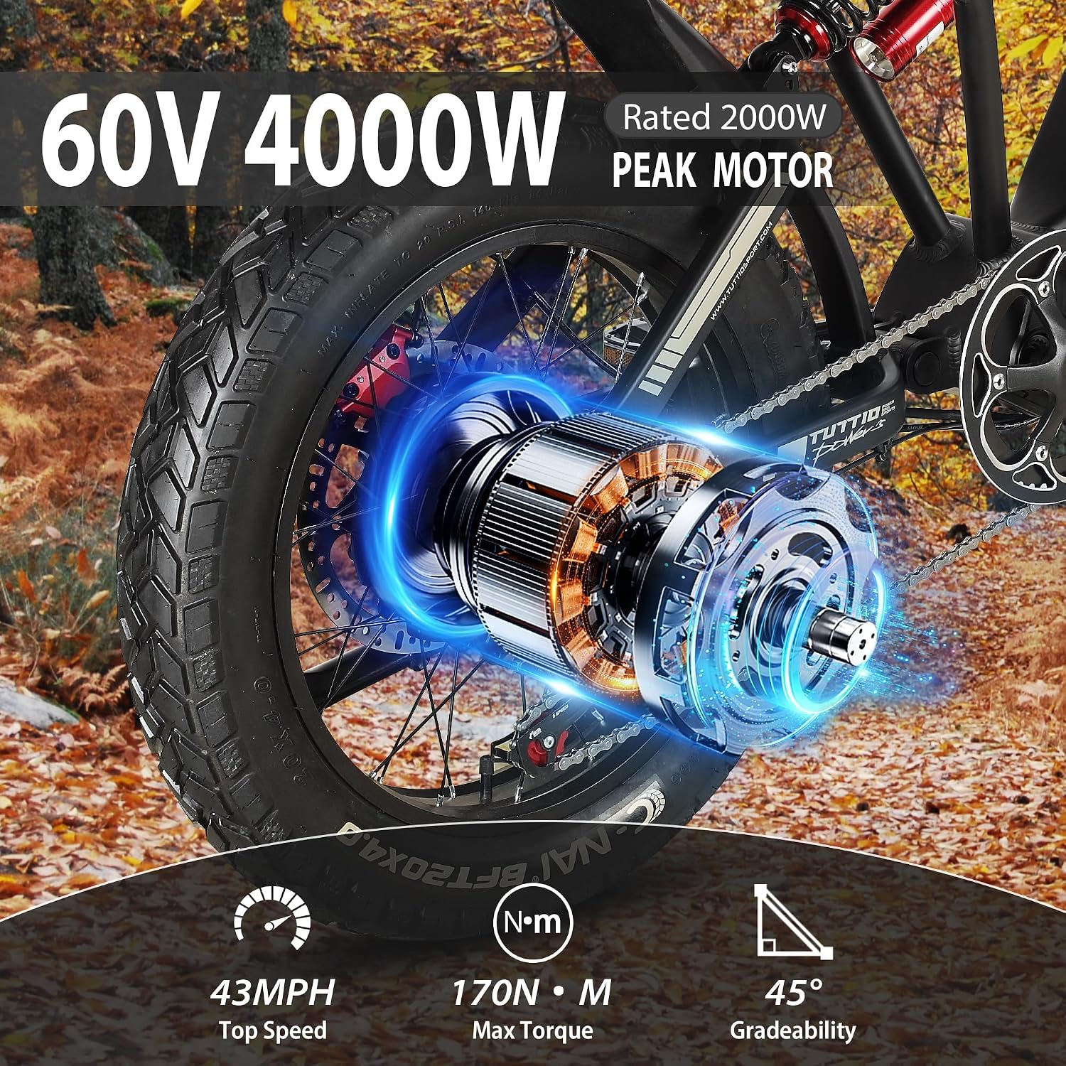 Tuttio ICT Electric Bike for Adults Teens Age 16+, 4000 Peak 50MPH 60V 25AH Electric-Dirt-Bike, 20' Fat Tire Electric Motorcycle, Full Suspension E-Bike for Mountain Off-Road Snow